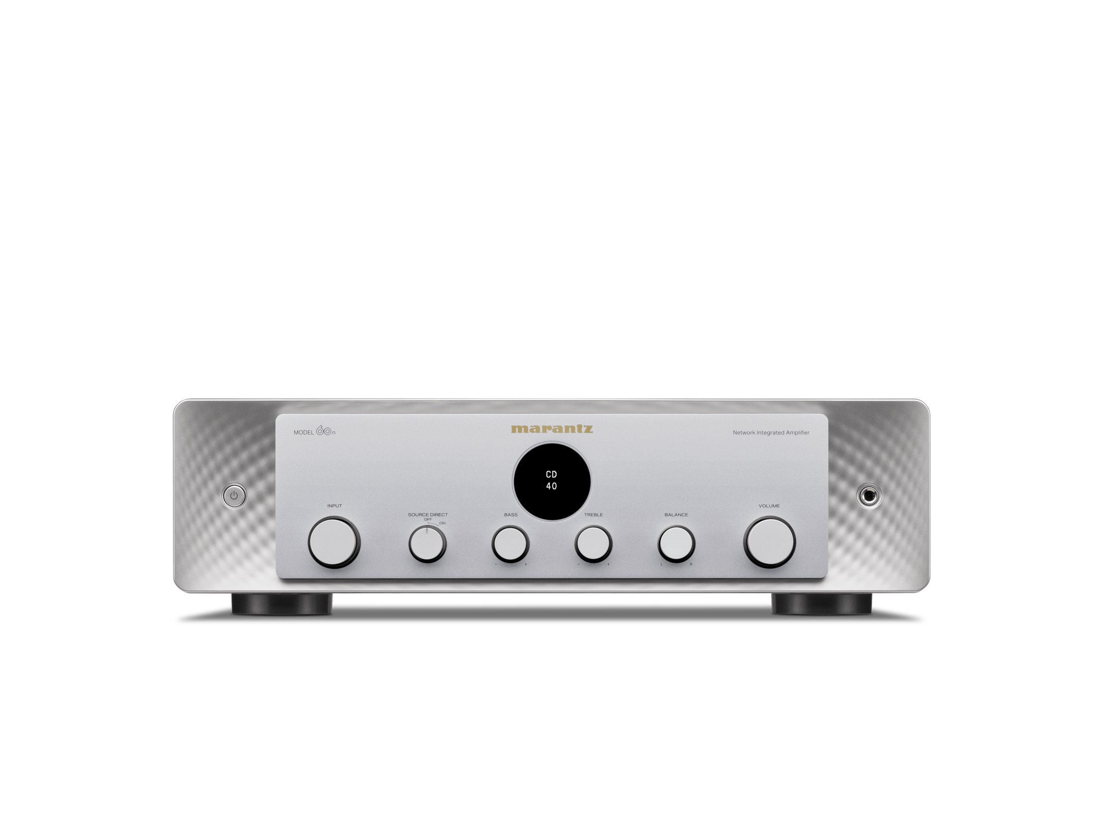 Amplificator Marantz Model 60n, vedere frontală, argintiu, butoane de control vizibile pentru volum, balans și intrare.