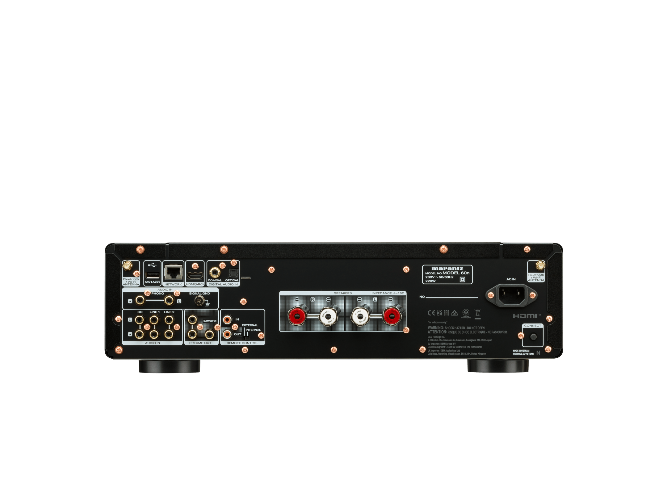 Spatele amplificatorului Marantz Model 60n, negru, arată porturile HDMI, RCA, coaxial și optic.