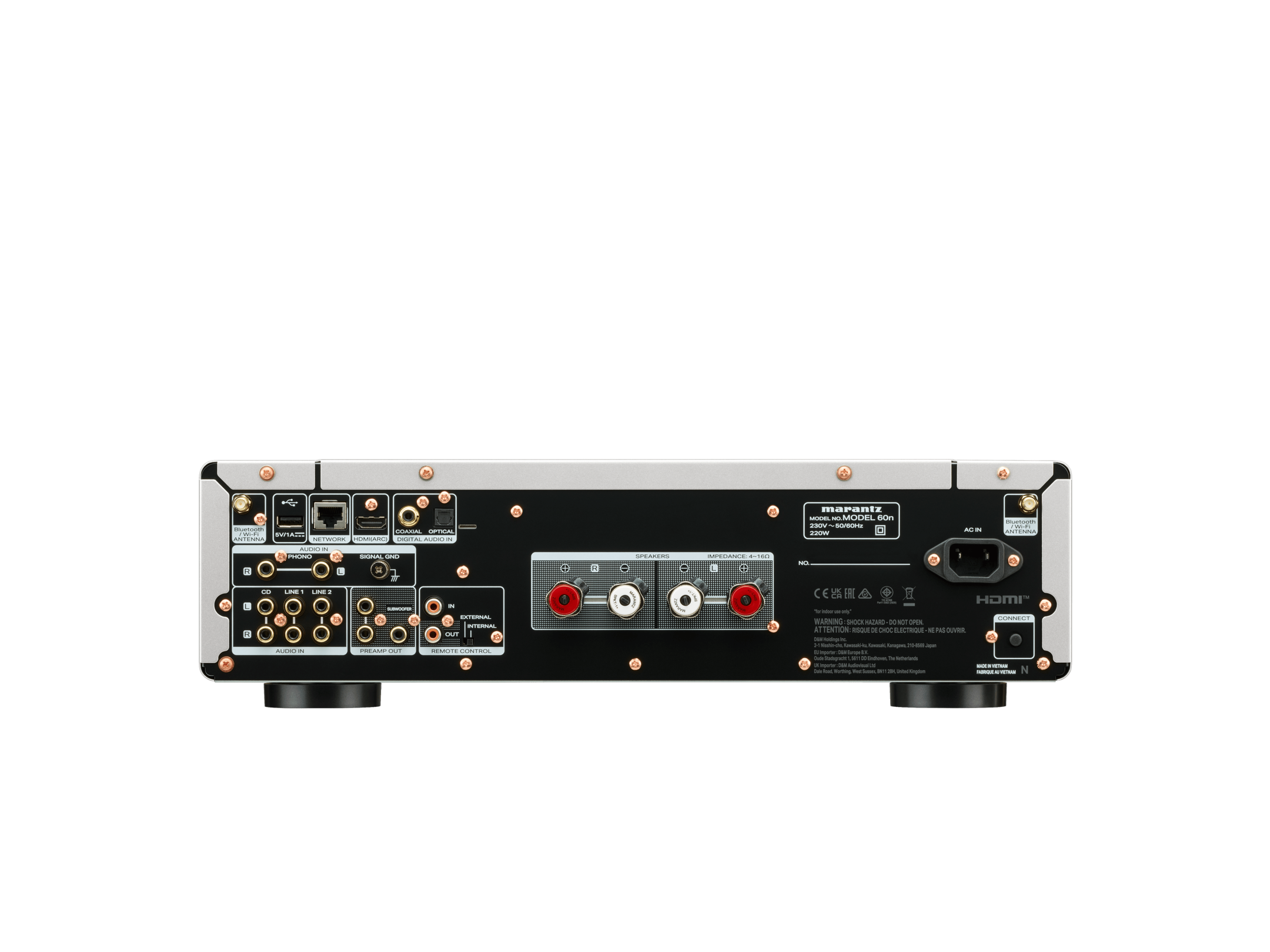 Spatele amplificatorului Marantz Model 60n, negru, cu multiple intrări și ieșiri audio, porturi HDMI și USB.