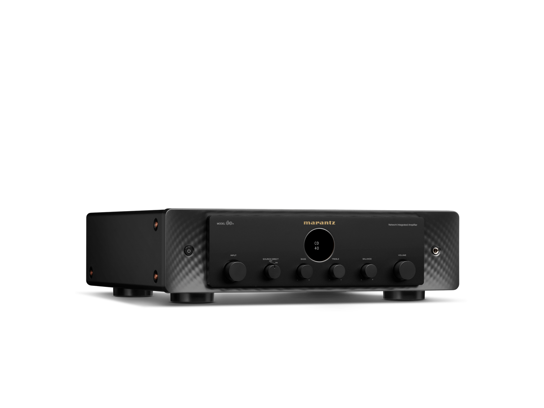 Amplificator Marantz Model 60n, vedere frontală, negru, butoane de control vizibile pentru volum, bas, ton.