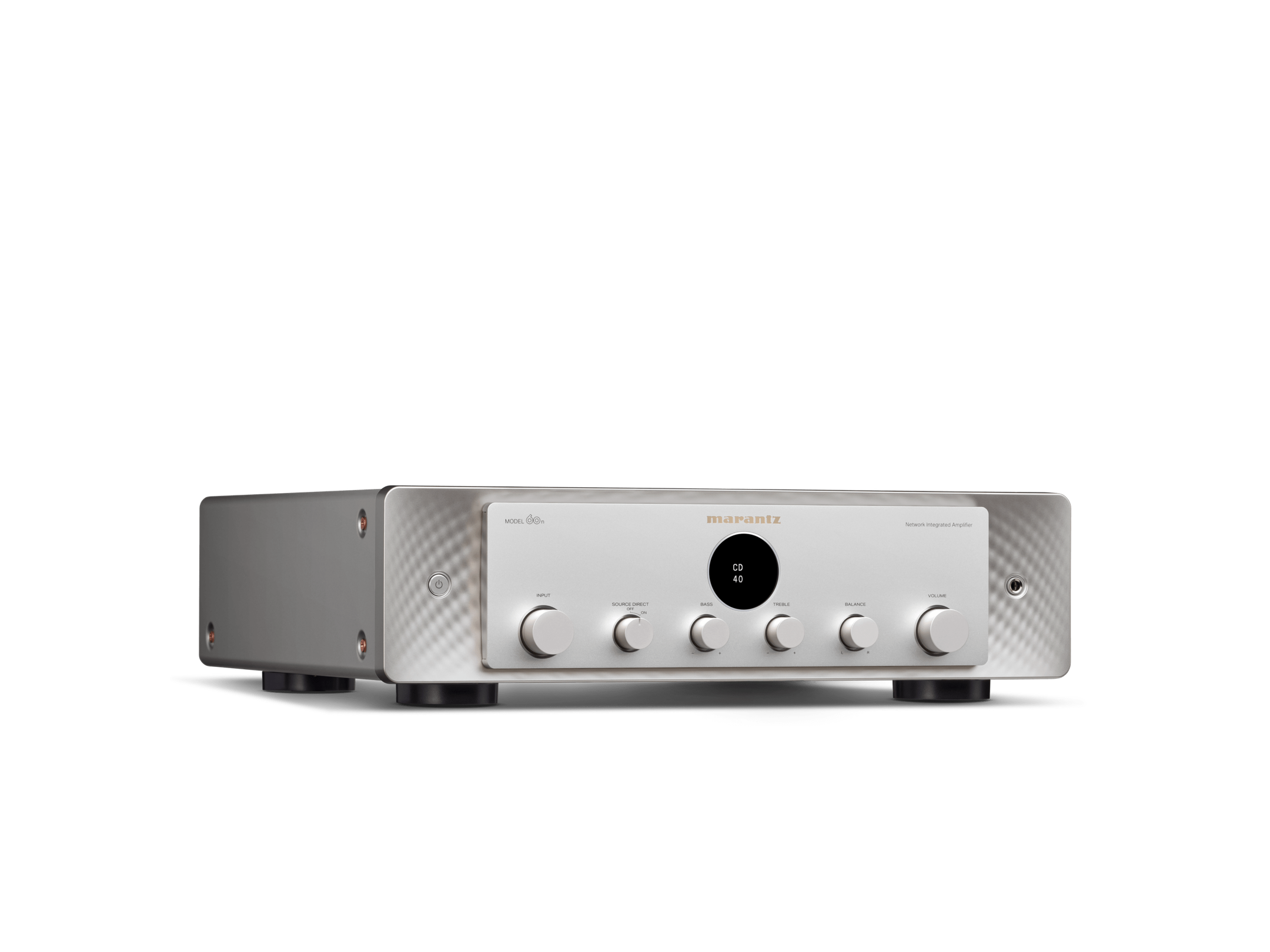 Amplificator Marantz Model 60n, vedere frontală, argintiu, afișaj digital central, butoane control volum și ton.