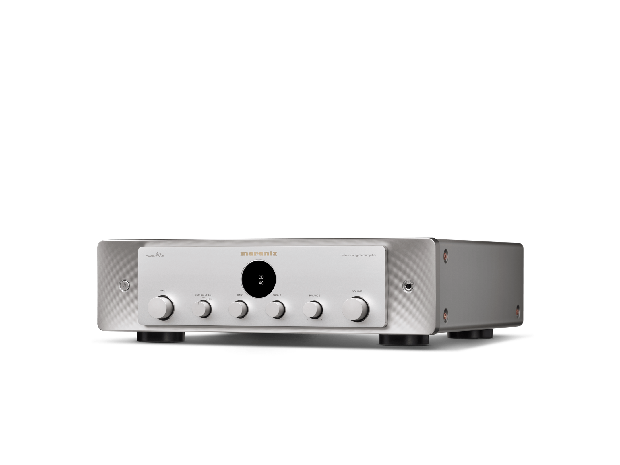 Amplificator Marantz Model 60n argintiu, vedere frontală, afișaj digital central, butoane control volum și ton.