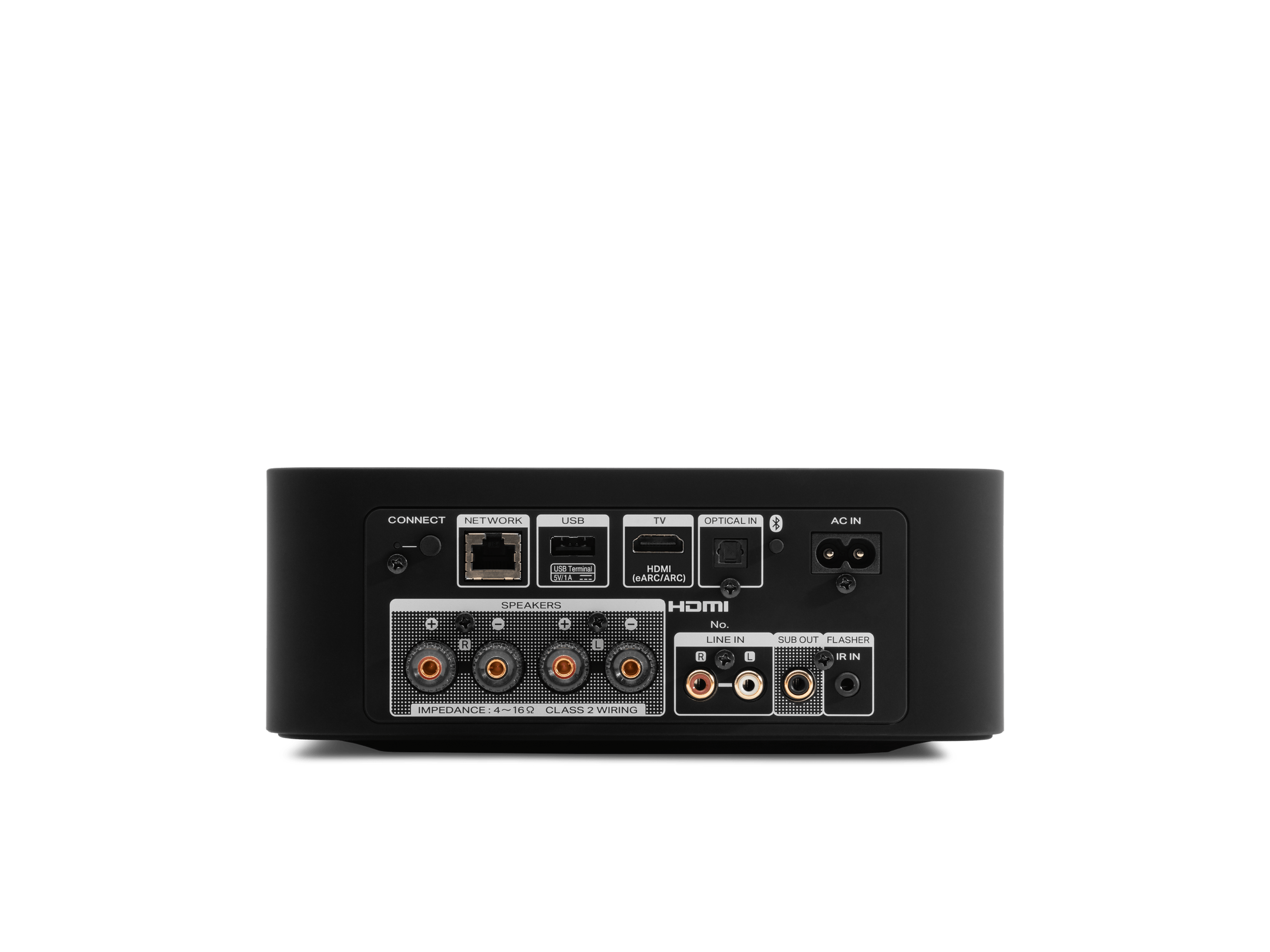 Spatele amplificatorului Marantz Model M1 negru, cu porturi HDMI, USB, rețea, intrări optice și conectori boxe.