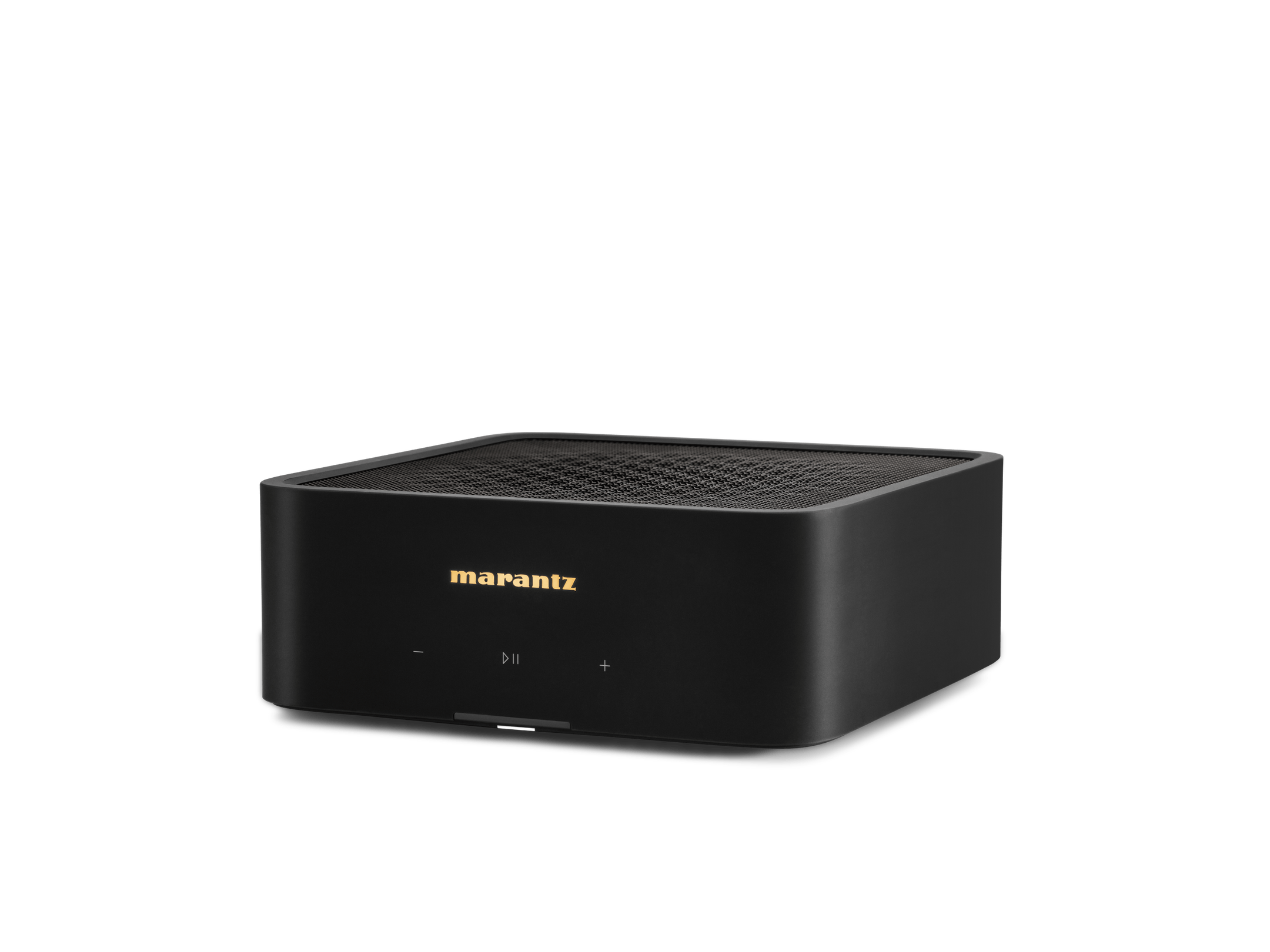 Amplificator Marantz Model M1, vedere laterală, negru, logo frontal, butoane de control vizibile.