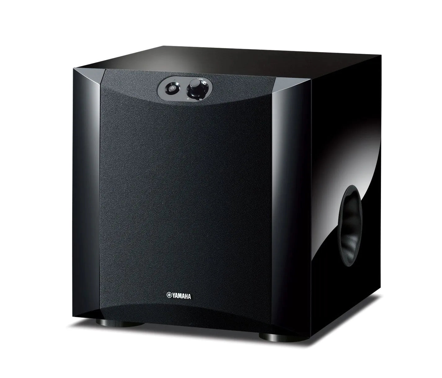 Yamaha NS-SW200 Subwoofer negru, vedere frontală; afișează panoul de control și logo-ul Yamaha.