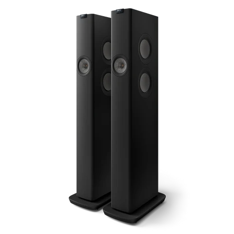 Boxe active KEF LS60 negre, vedere frontală și laterală, cu difuzoare Uni-Q și woofere vizibile pe lateral.