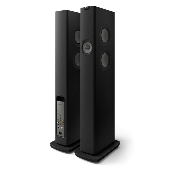 Boxe active KEF LS60 negre, vedere frontală și spate, conectori audio vizibili și difuzoare Uni-Q.