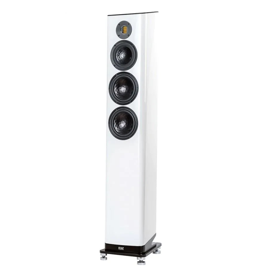 Boxă de podea Elac Vela FS 409.2 albă, vedere frontală, 4 difuzoare vizibile, bază metalică stabilă.