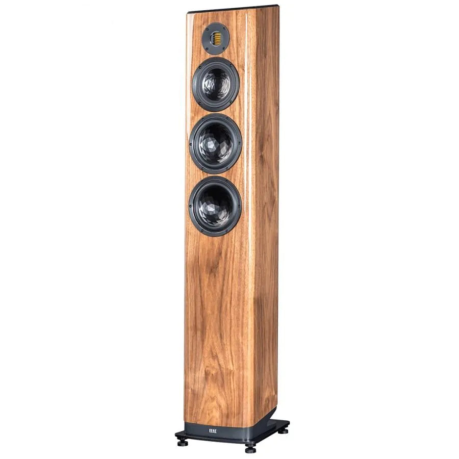 Boxă de podea Elac Vela FS 409.2, vedere frontală unghiulară, finisaj lemn, 4 difuzoare vizibile.