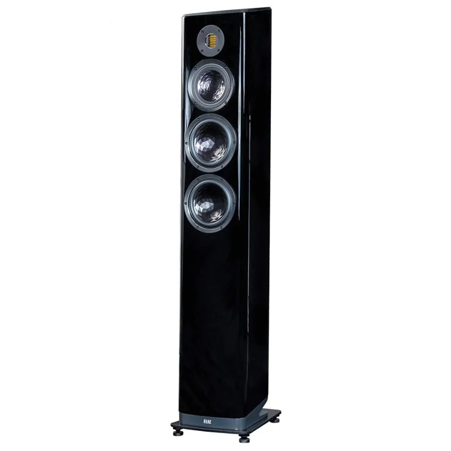 Boxă de podea Elac Vela FS 409.2 negru, vedere frontală laterală, 3 difuzoare și tweeter vizibile.#color_black