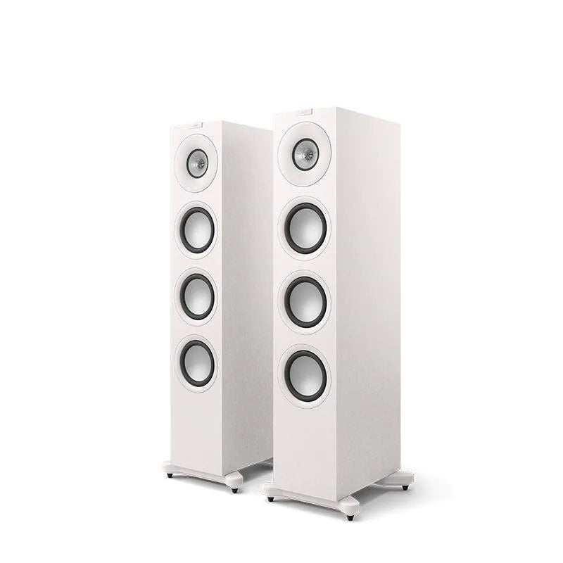 Boxe de podea KEF Q11 Meta culoare Satin White, vedere frontală în perspectivă, cu 4 difuzoare vizibile.