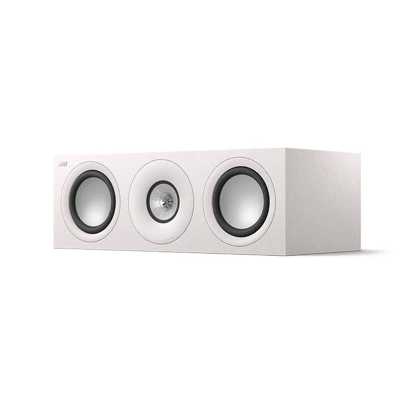 Boxă centrală KEF Q6 Meta, culoare satin white, vedere perspectivă față, 3 difuzoare vizibile.
