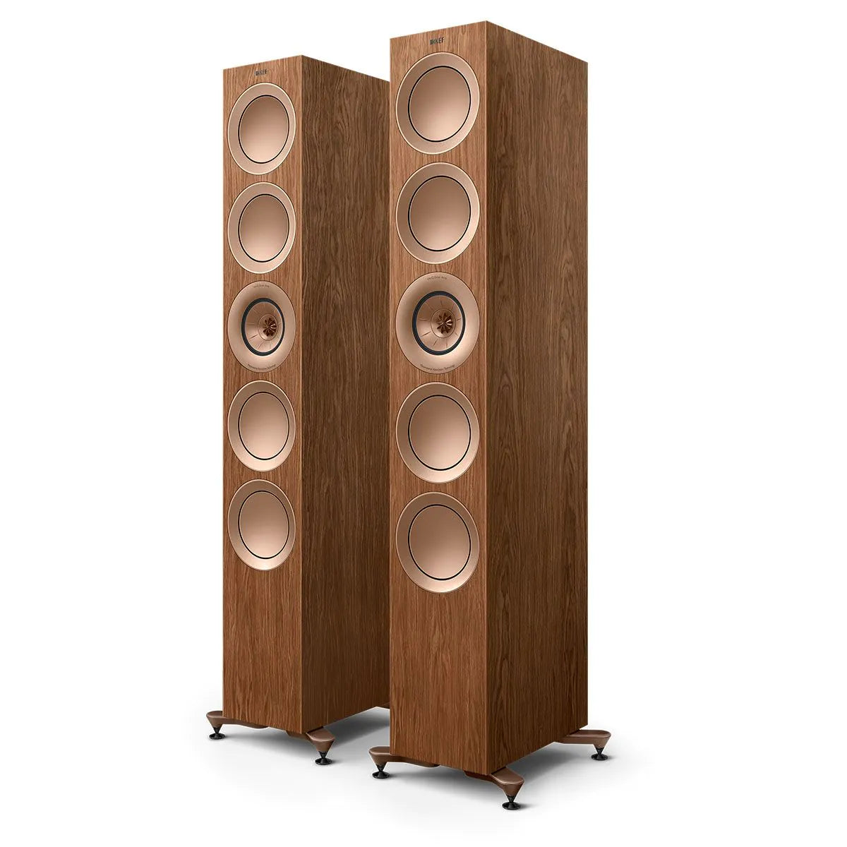 Boxe de podea KEF R11 Meta culoare nuc, vedere frontală în pereche, fără grile, cu 4 woofere vizibile.#color_walnut