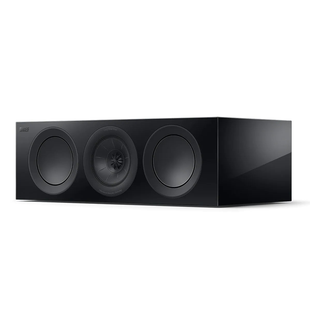 Boxa centru KEF R2 negru lucios, vedere frontală din unghi, fără grilaj, cu 3 difuzoare vizibile.#color_black