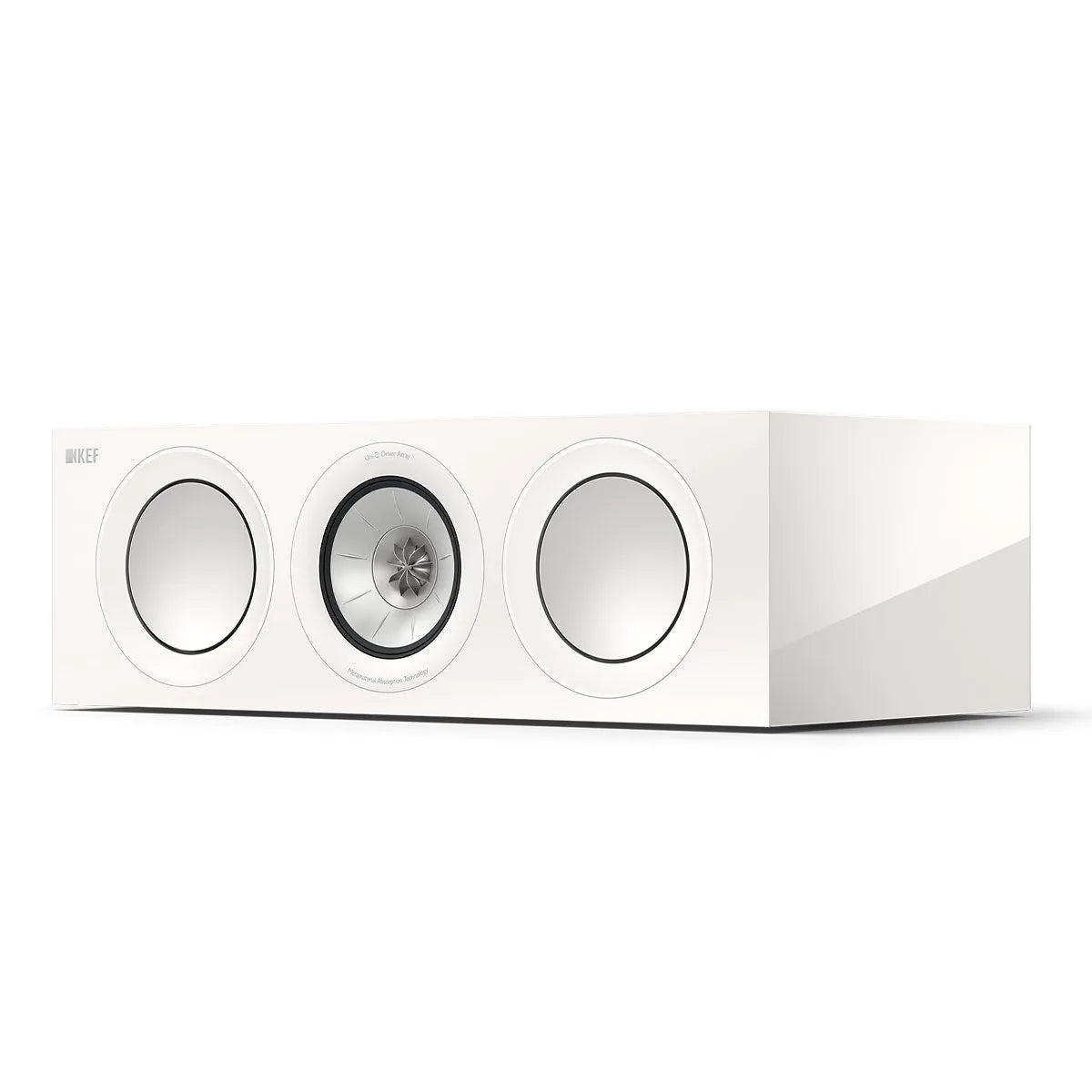 Boxa centru KEF R2 culoare Mineral White, vedere frontală laterală fără grilaj, 3 difuzoare vizibile.