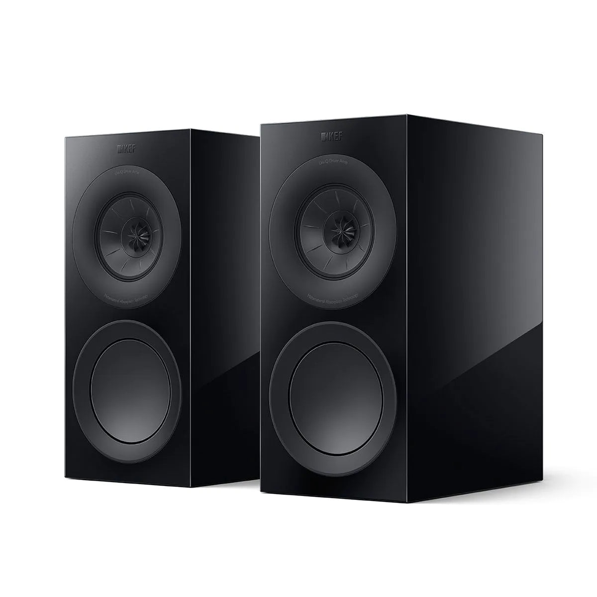 Boxe de raft KEF R3 Meta negre, vedere frontală, difuzoare Uni-Q și woofer vizibile, finisaj lucios.