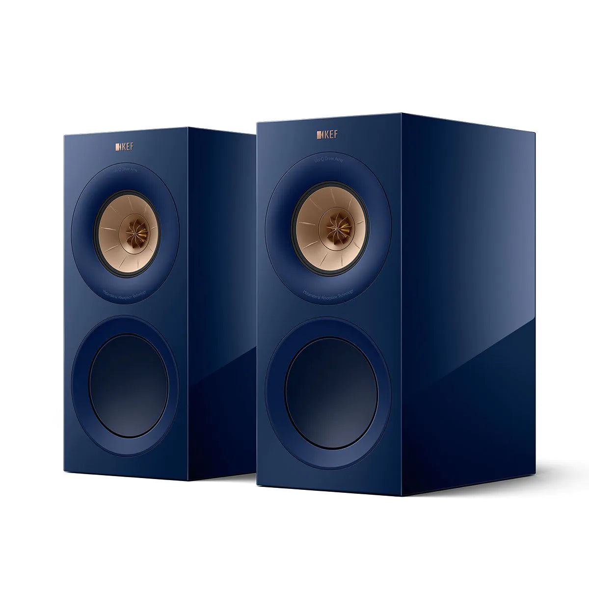 Boxe de raft KEF R3 Meta culoare Indigo, vedere frontală, cu driver Uni-Q și port bass vizibile.#color_blue