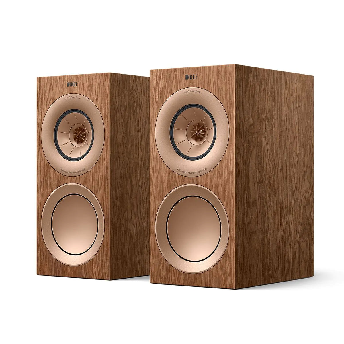 Boxe KEF R3 Meta culoare walnut, vedere frontală, difuzoare Uni-Q și woofer vizibile pe ambele unități.