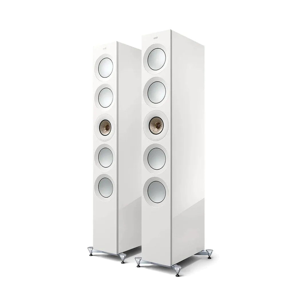 Boxe de podea KEF Reference 5 Meta r51_1, finisaj alb, vedere frontală, 4 woofere și driver Uni-Q.