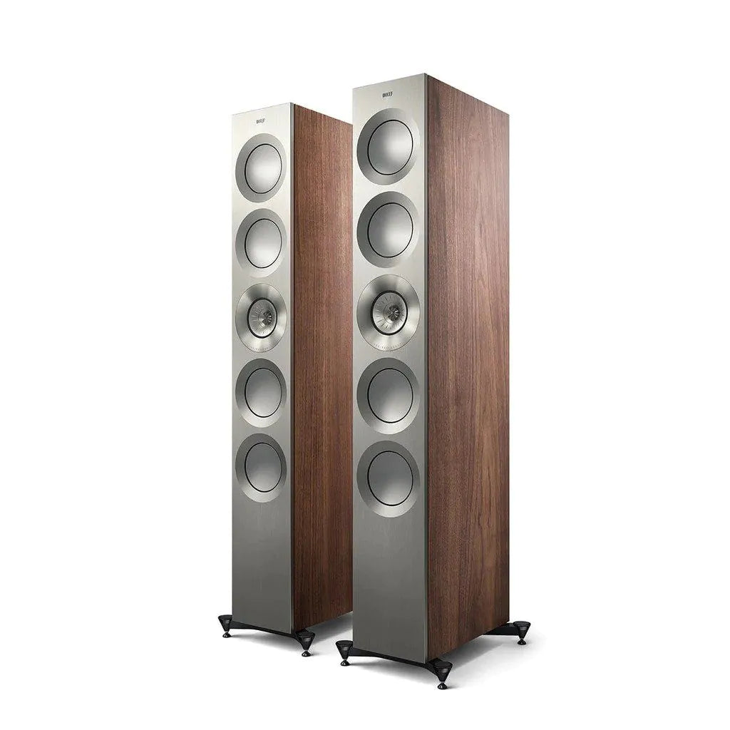 Boxe de podea KEF Reference 5 Meta r53_1, finisaj lemn, vedere frontală cu 4 difuzoare vizibile.#color_walnut
