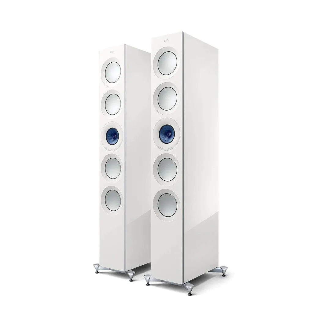 Boxe de podea KEF Reference 5 Meta r54_1, finisaj alb, vedere frontală, 4 woofere și 1 driver Uni-Q.