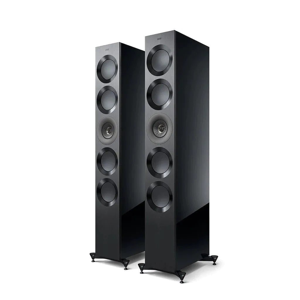 Boxe de podea KEF Reference 5 Meta negre, vedere frontală, 4 woofere, 1 driver Uni-Q central vizibil.