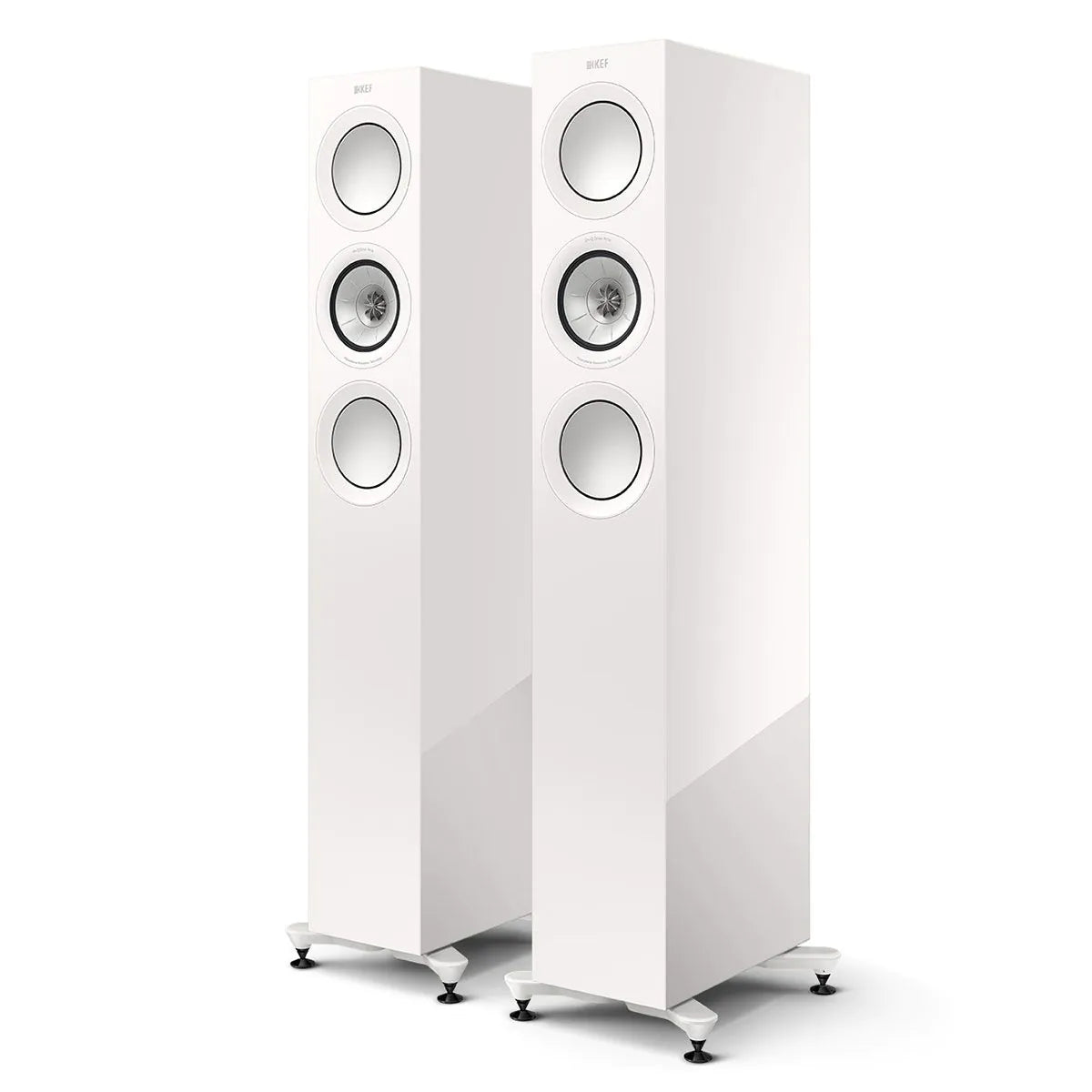 Boxe de podea KEF R5 Meta white gloss, vedere frontală în pereche, fără grile, cu 3 difuzoare vizibile.