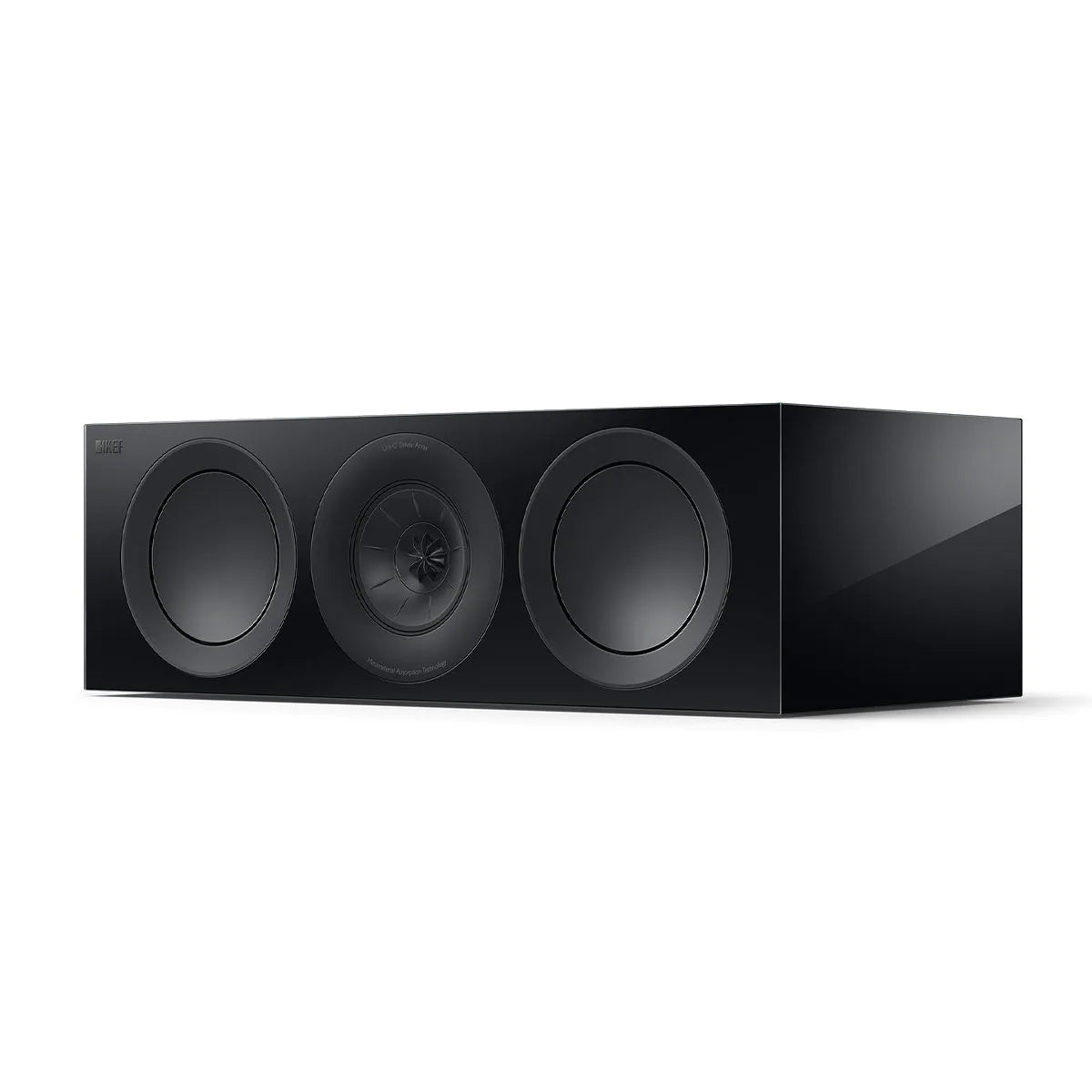 Boxa centrală KEF R6 Meta negru lucios, vedere frontală din unghi, fără grilaj, 3 difuzoare vizibile.#color_black