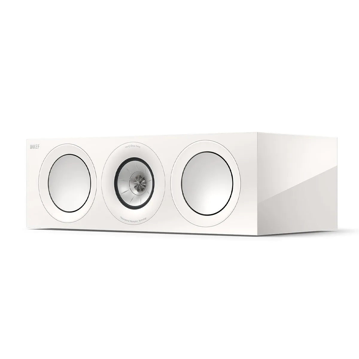 Boxa centru KEF R6 Meta, culoare White Gloss, vedere frontală în perspectivă fără grilaj, 3 difuzoare vizibile.