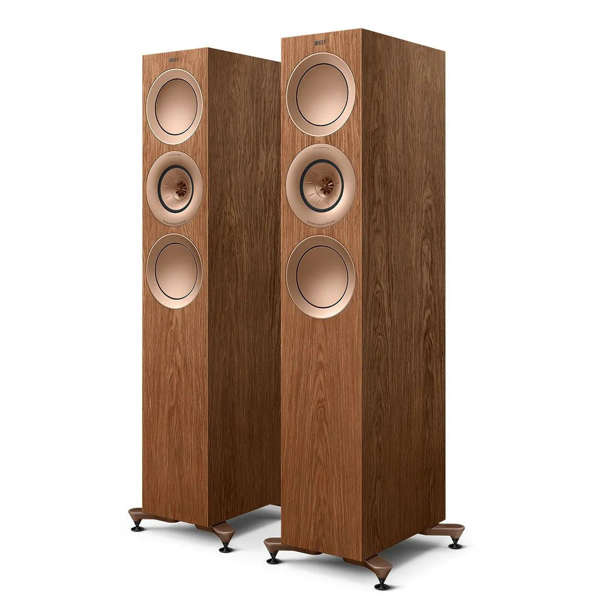 Boxe de podea KEF R7 Meta culoare nuc, vedere frontală în pereche, fără grile, cu 3 difuzoare vizibile.#color_walnut