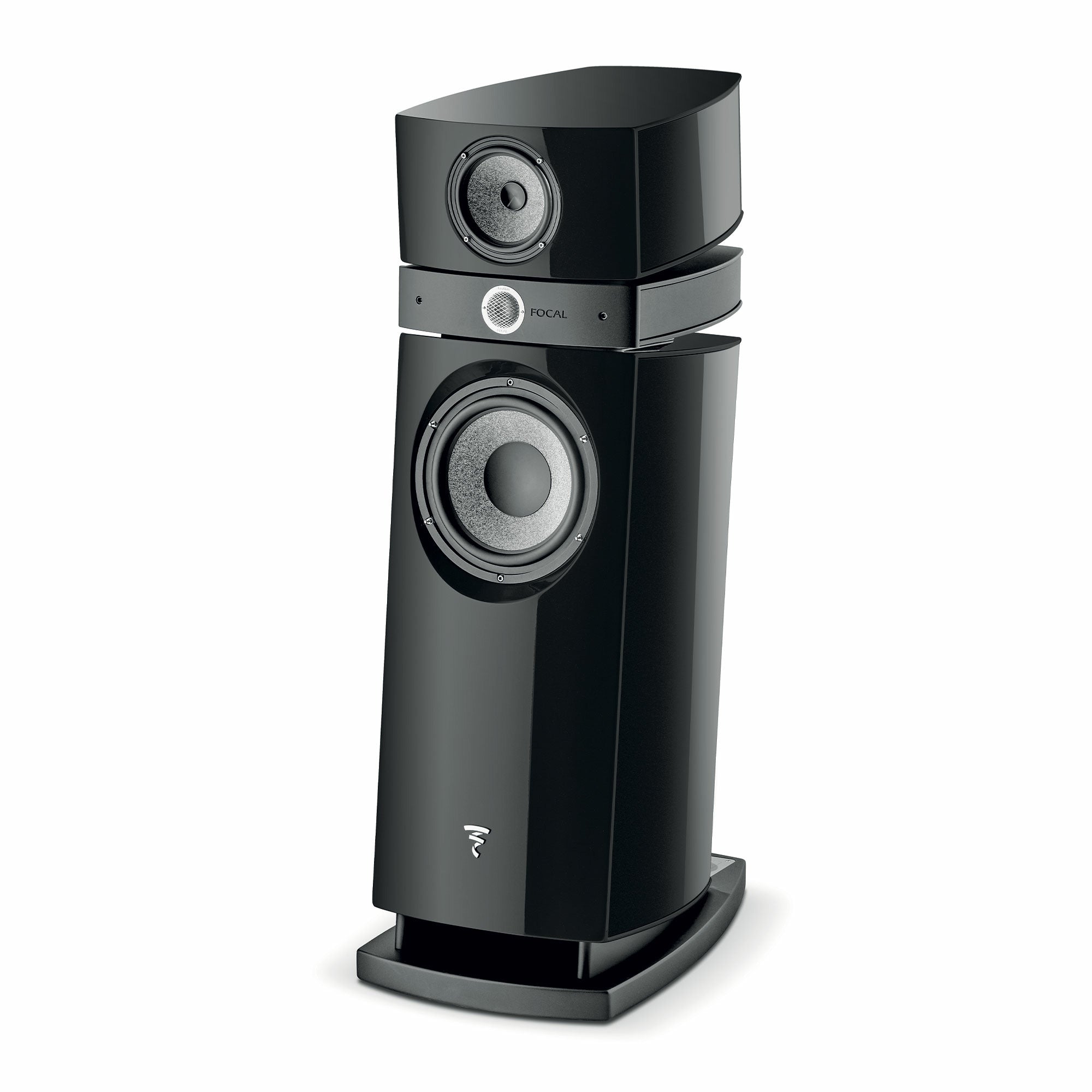Boxă Focal Scala Utopia Evo neagră, vedere din unghi de 34 de grade, evidențiind difuzoarele și logo-ul.#color_black-lacquer