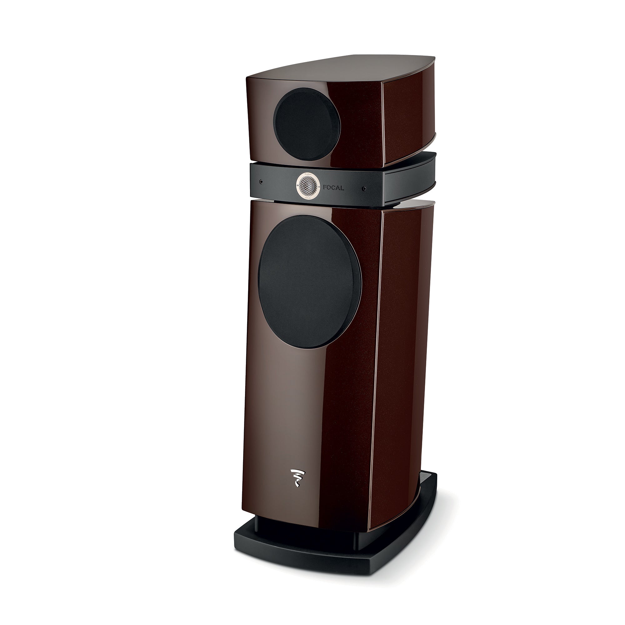 Focal Scala Utopia Evo boxă de podea, unghi 34°, culoare ciocolată. Vizibile: difuzoare și logo Focal.