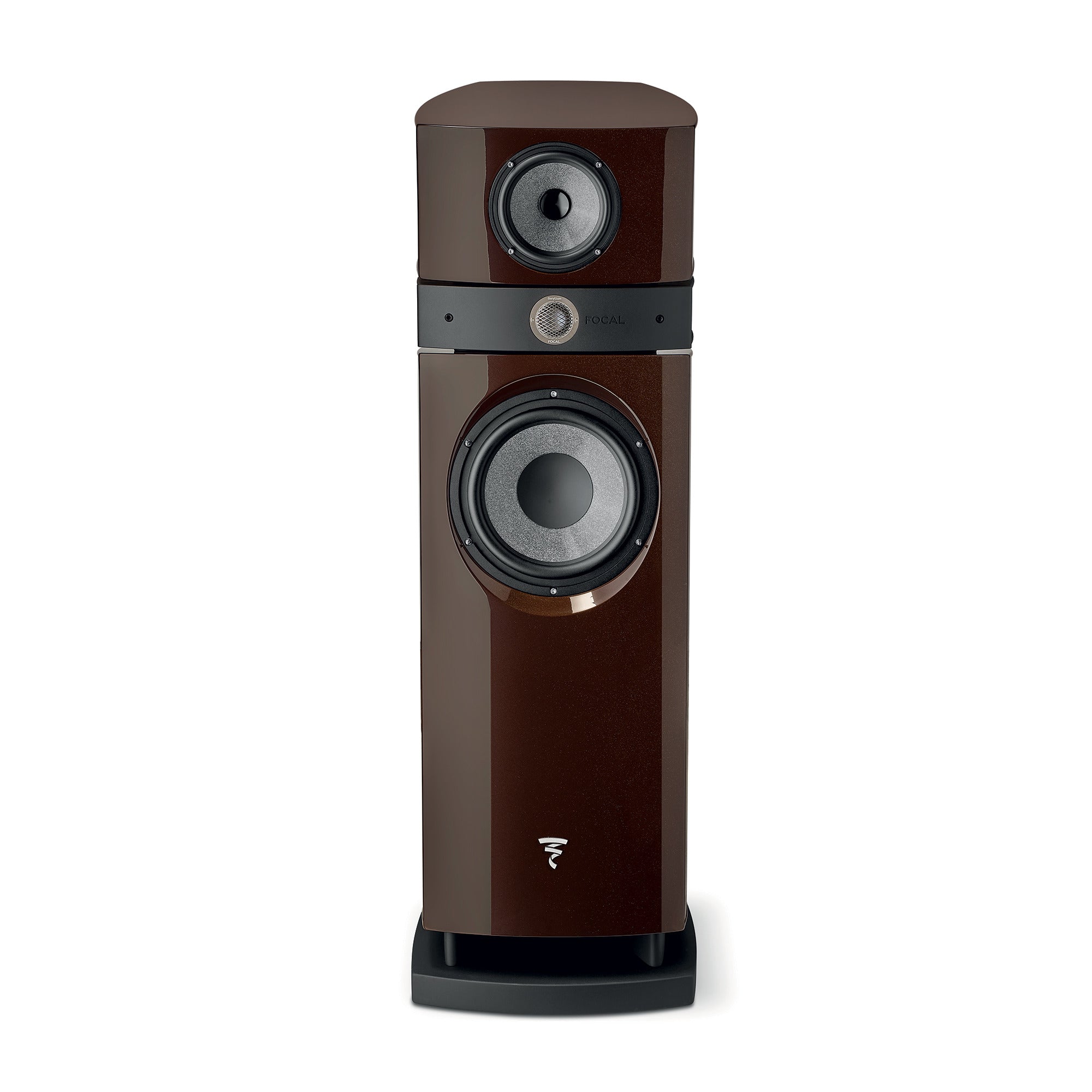Focal Scala Utopia Evo Boxe de podea, față, culoare ciocolată, două difuzoare vizibile, logo frontal.