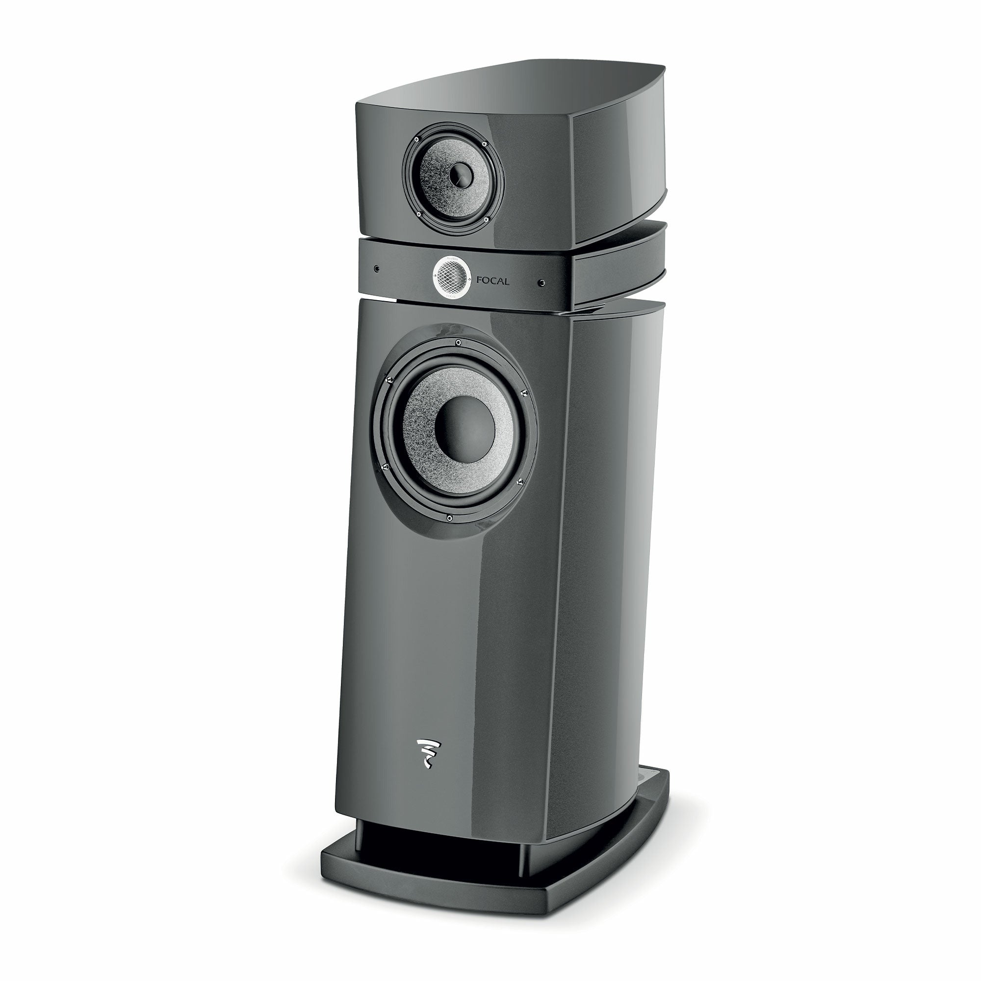 Focal Scala Utopia Evo Boxe de podea, vedere din unghi de 34°, culoare gri, difuzoare vizibile frontal.