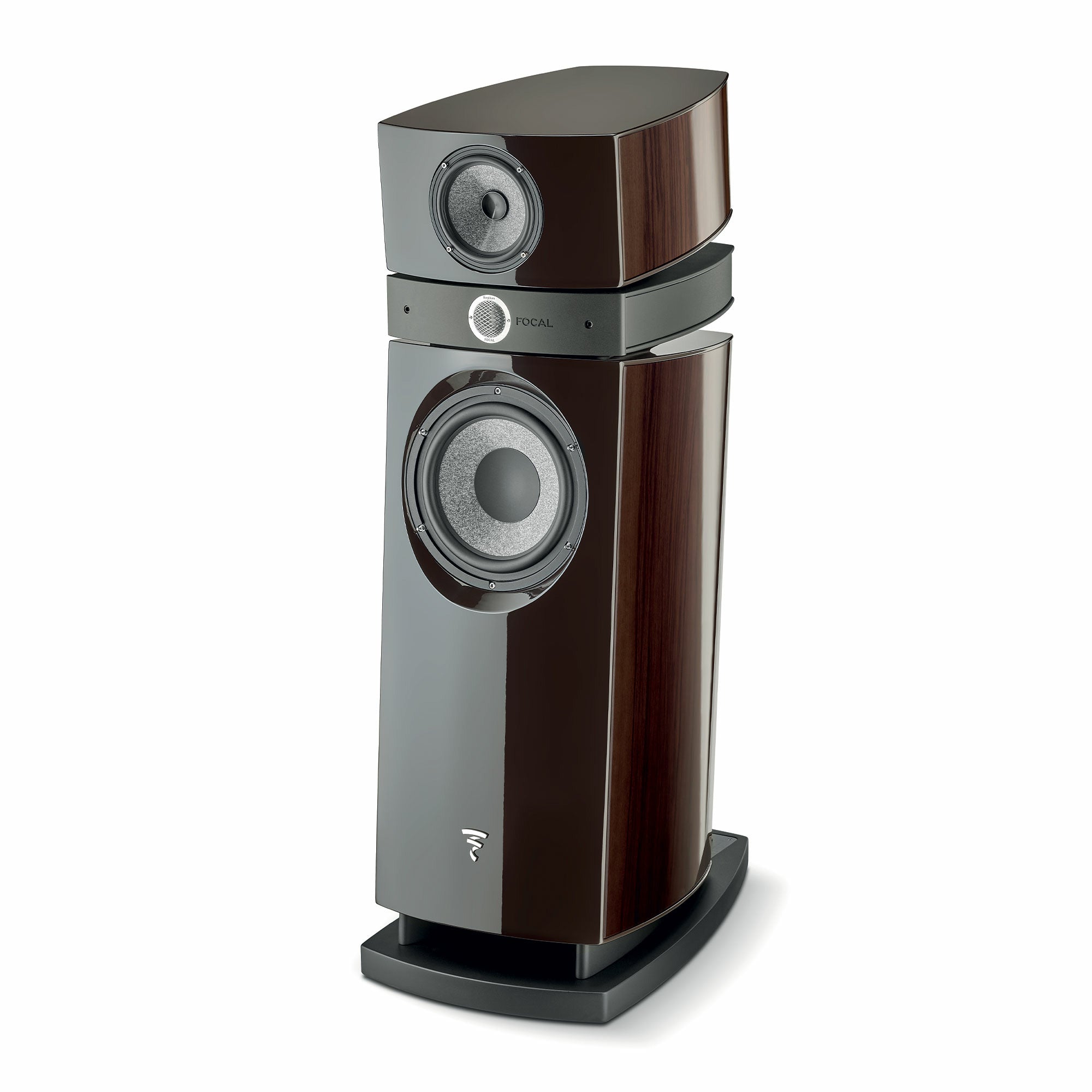 Focal Scala Utopia Evo, vedere laterală, culoare nuc închis, difuzoare vizibile, logo Focal frontal.