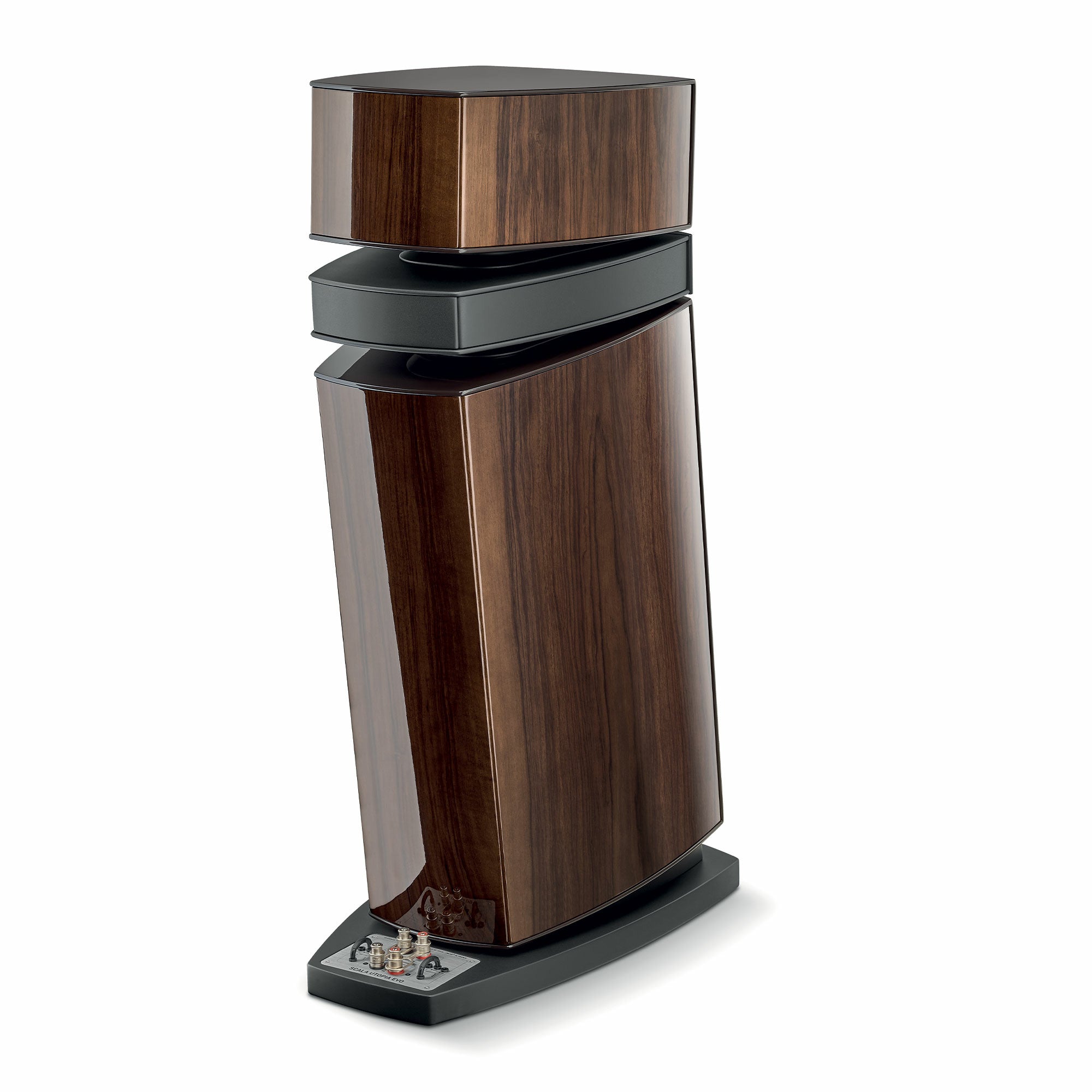 Focal Scala Utopia Evo, vedere din spate, finisaj noyer închis, terminale de conexiune vizibile.