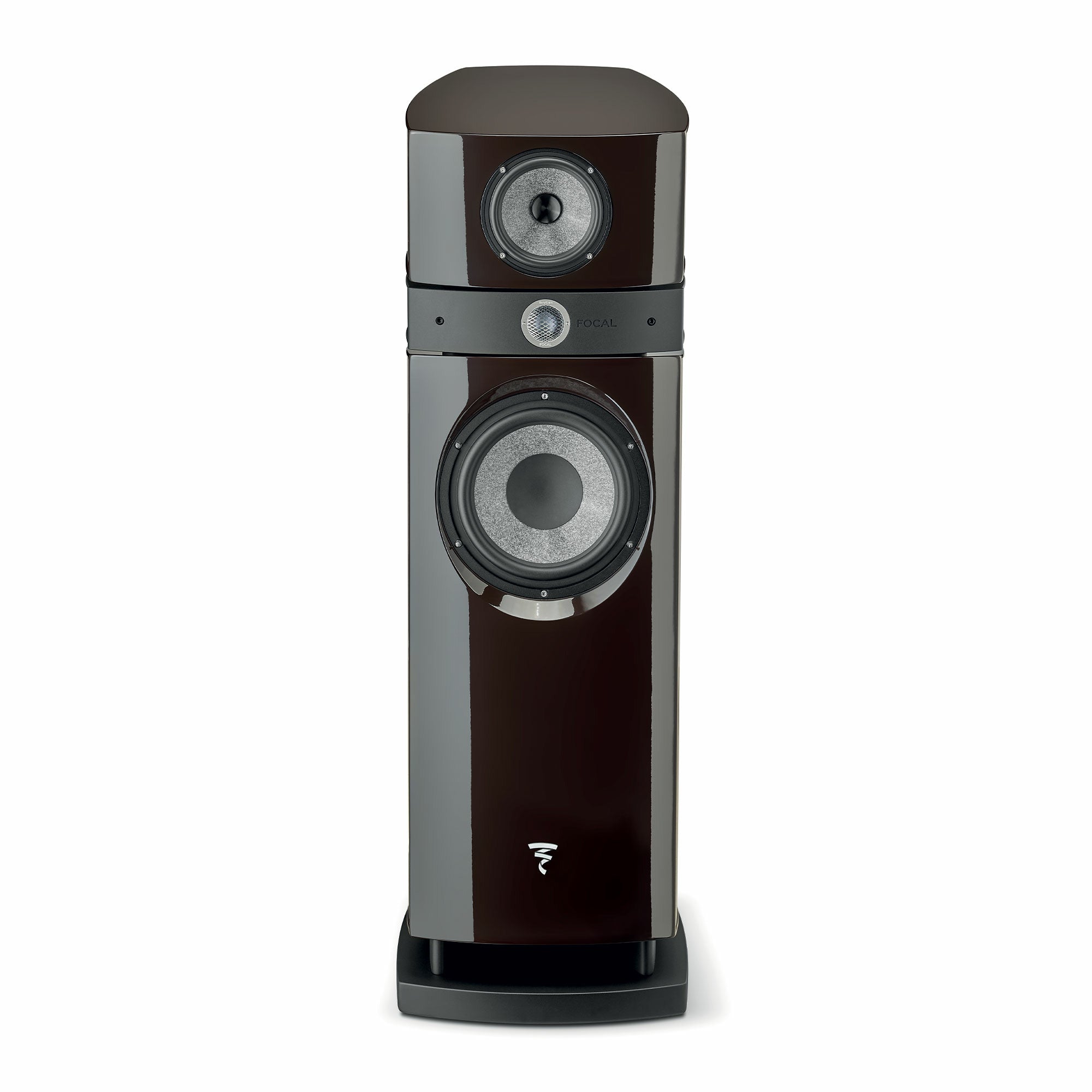Focal Scala Utopia Evo Boxe de podea, vedere frontală, culoare negru nuc, difuzoare vizibile, logo Focal.