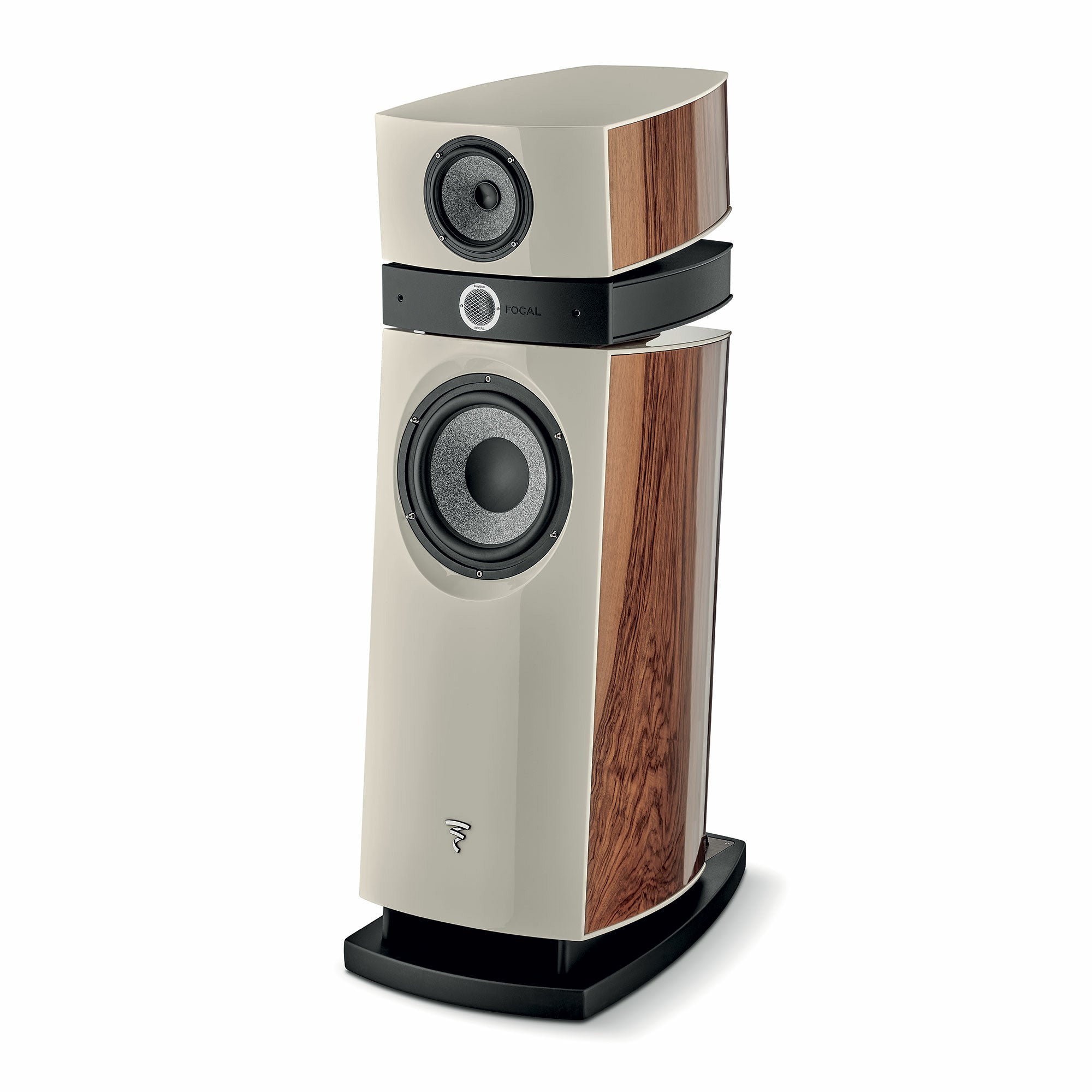 Focal Scala Utopia Evo, vedere laterală, culoare noyer natural, difuzoare vizibile, bază solidă.