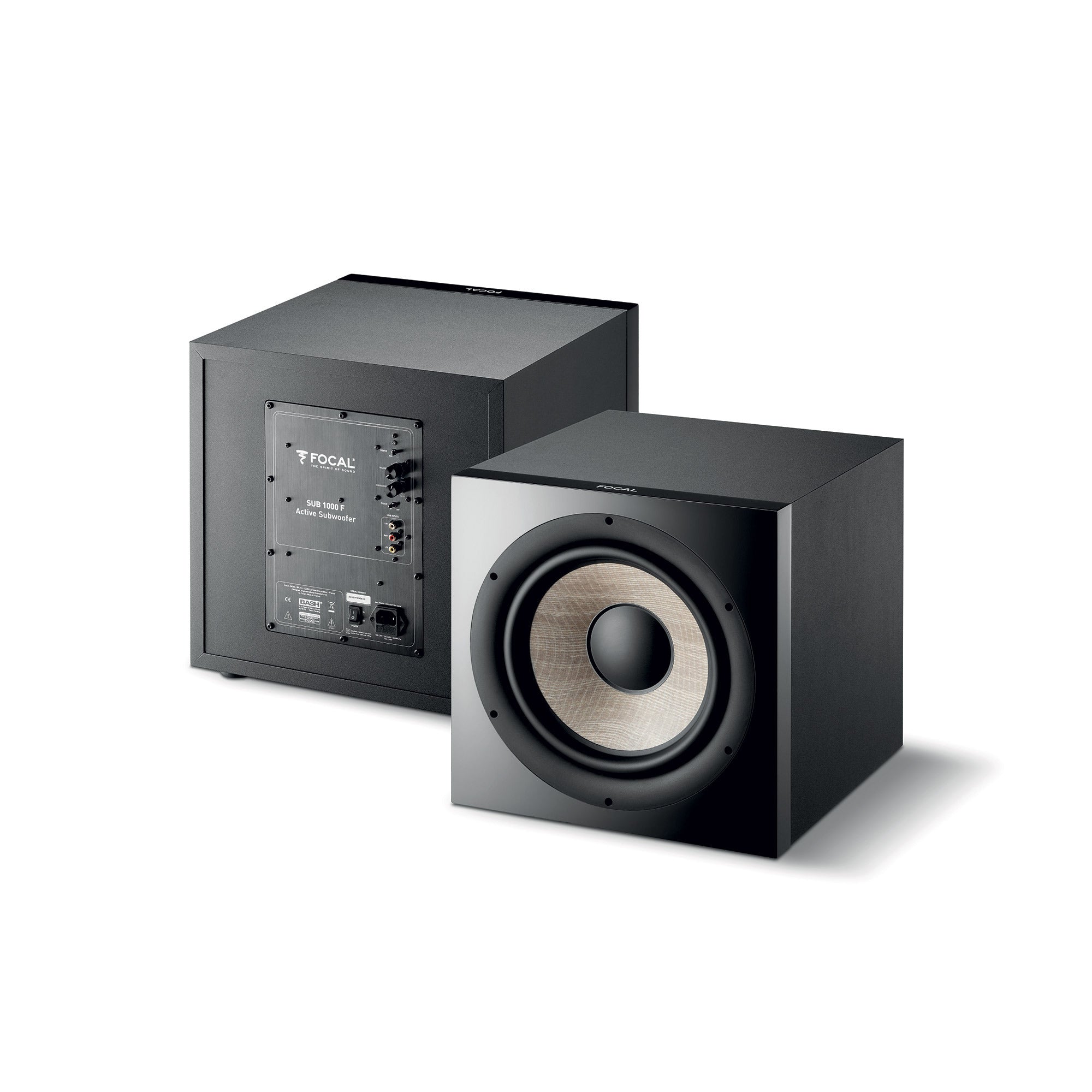 Subwoofer Focal SUB 1000F negru, vedere frontală și spate, difuzor mare și panou de control vizibile.