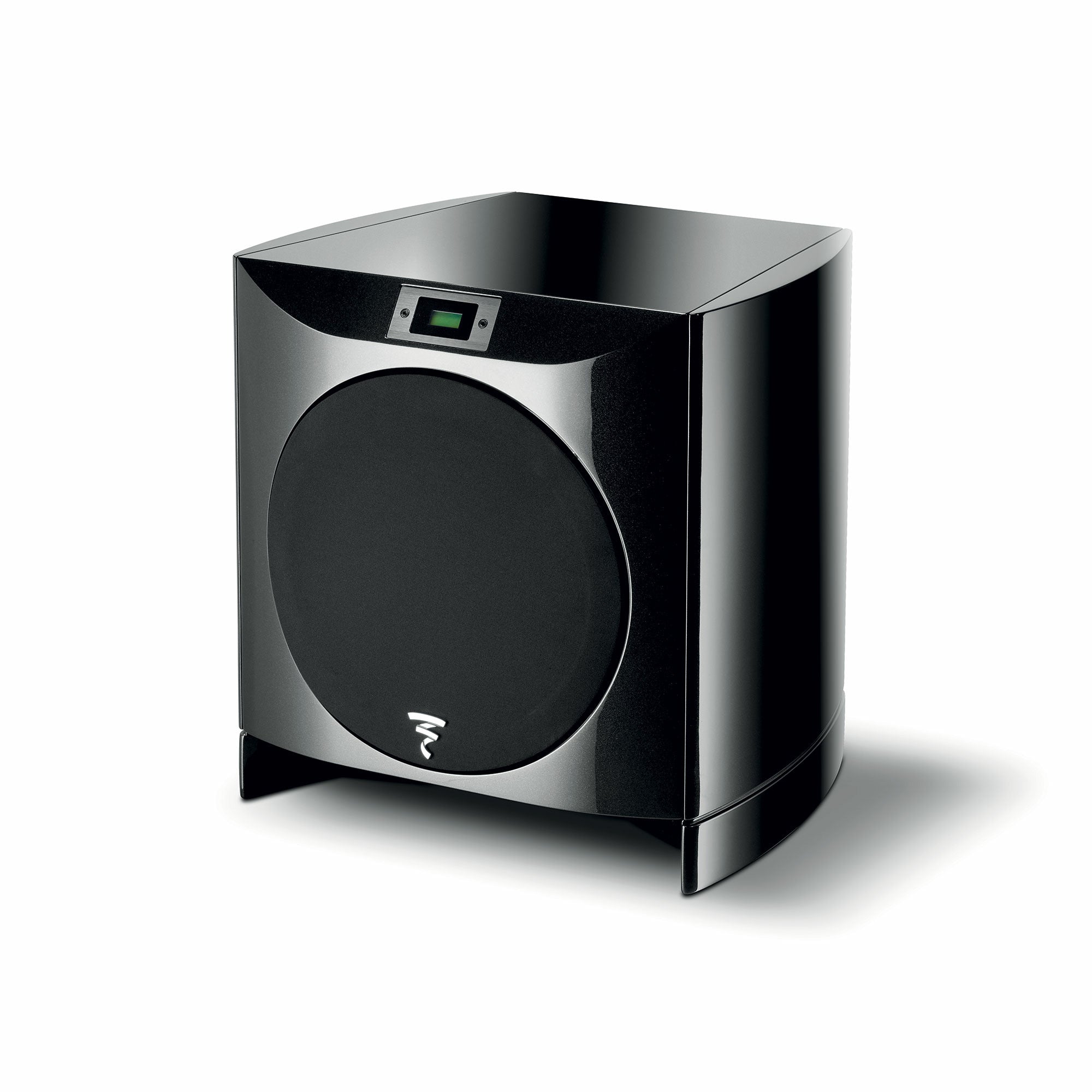 Subwoofer Focal SOPRA SW 1000 BE, vedere din unghi de 34 de grade, culoare neagră, grilaj frontal vizibil.
