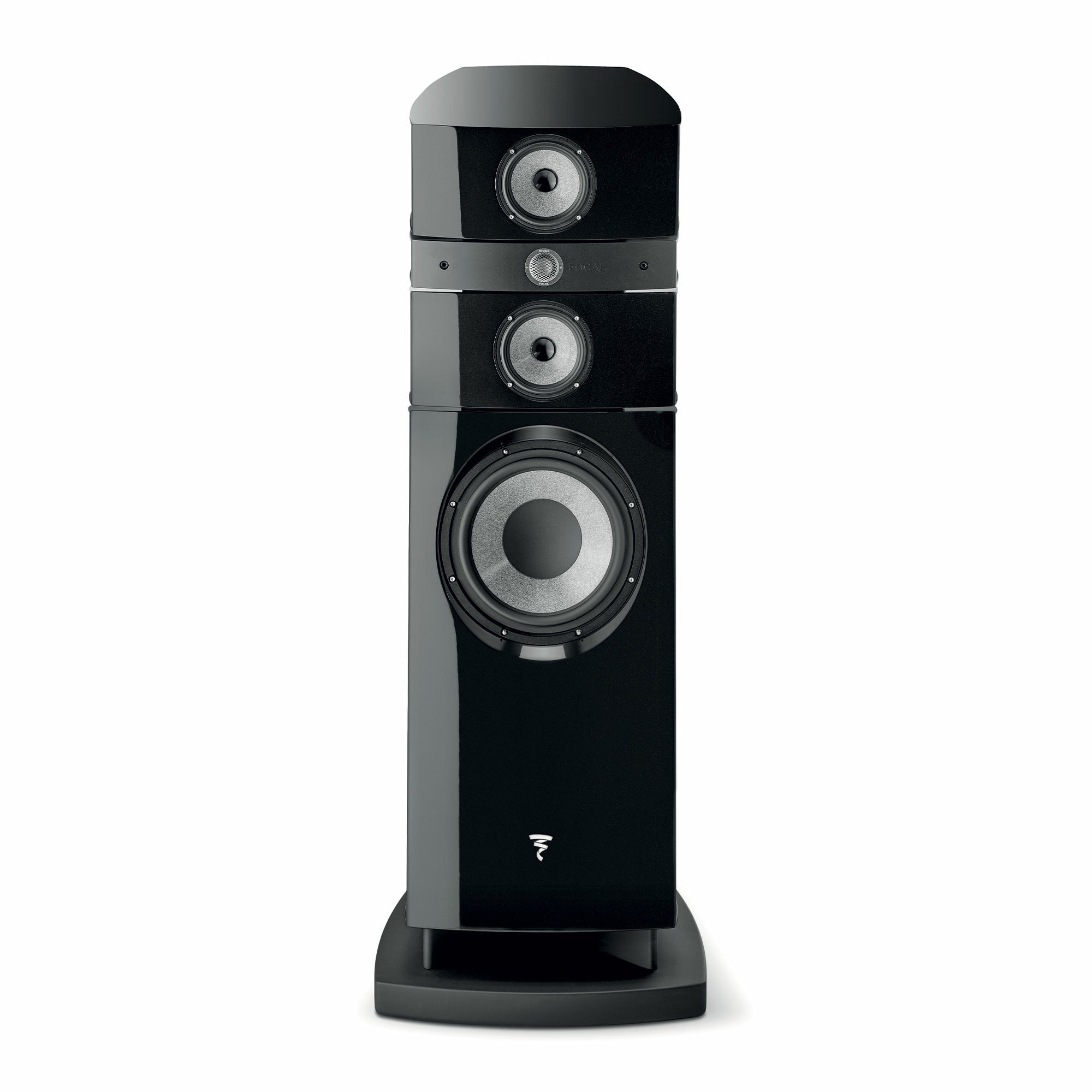 Focal Stella Utopia EM Evo Boxe de podea, vedere frontală, culoare neagră, trei difuzoare vizibile.
