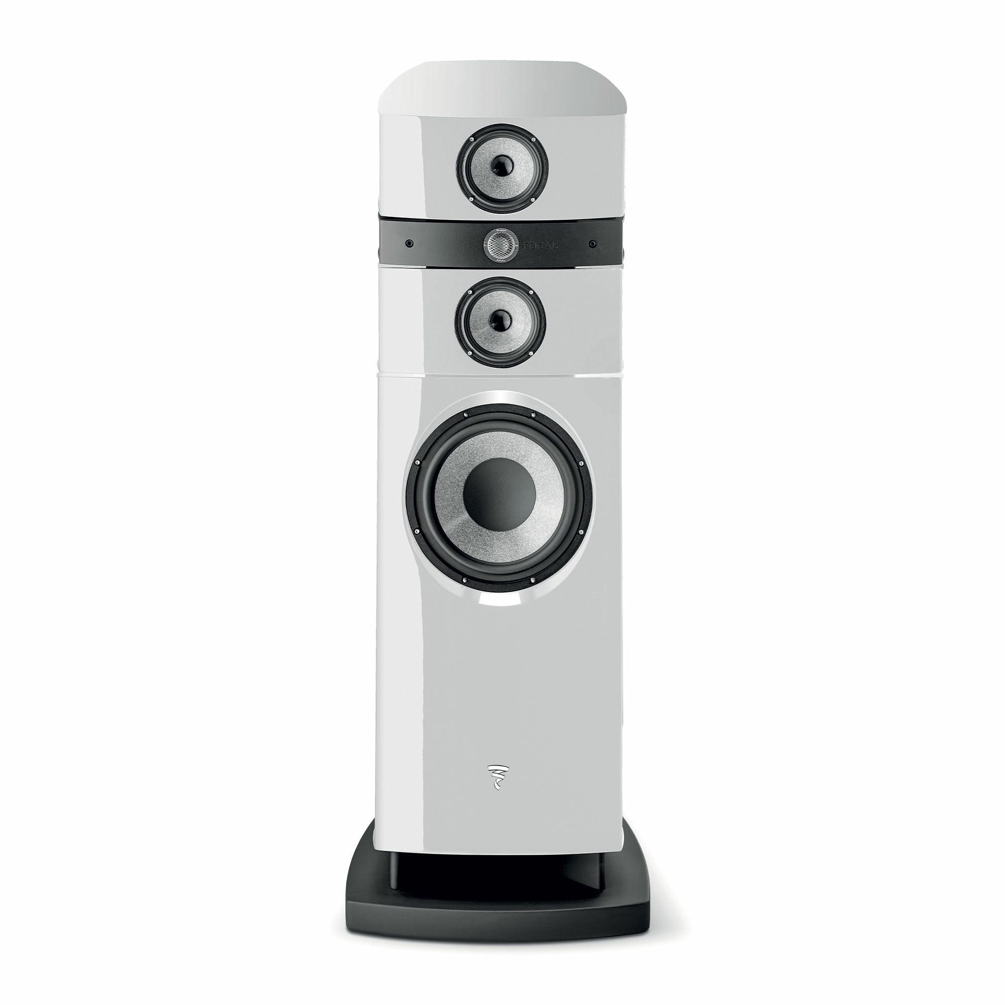 Focal Stella Utopia EM Evo, vedere frontală, culoare alb Carrara, detalii difuzoare și bază neagră.