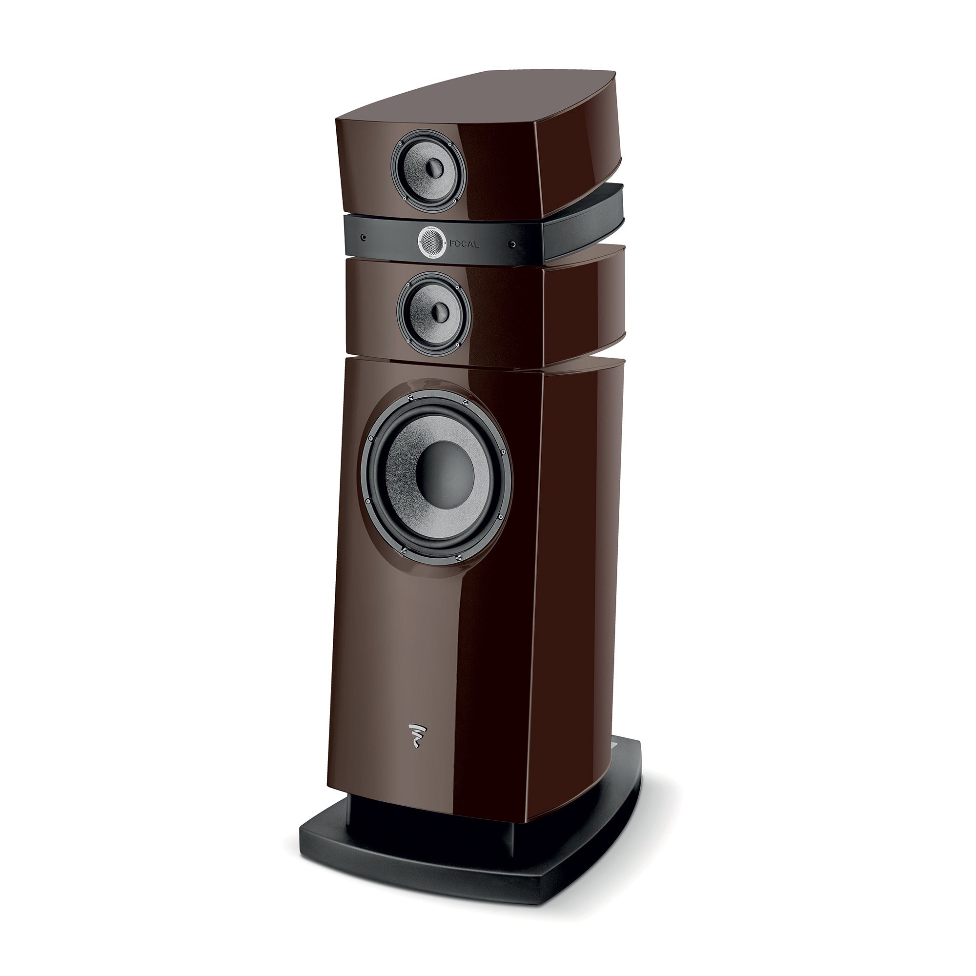 Focal Stella Utopia EM Evo, vedere laterală, culoare ciocolată. Prezintă difuzoare și bază solidă.