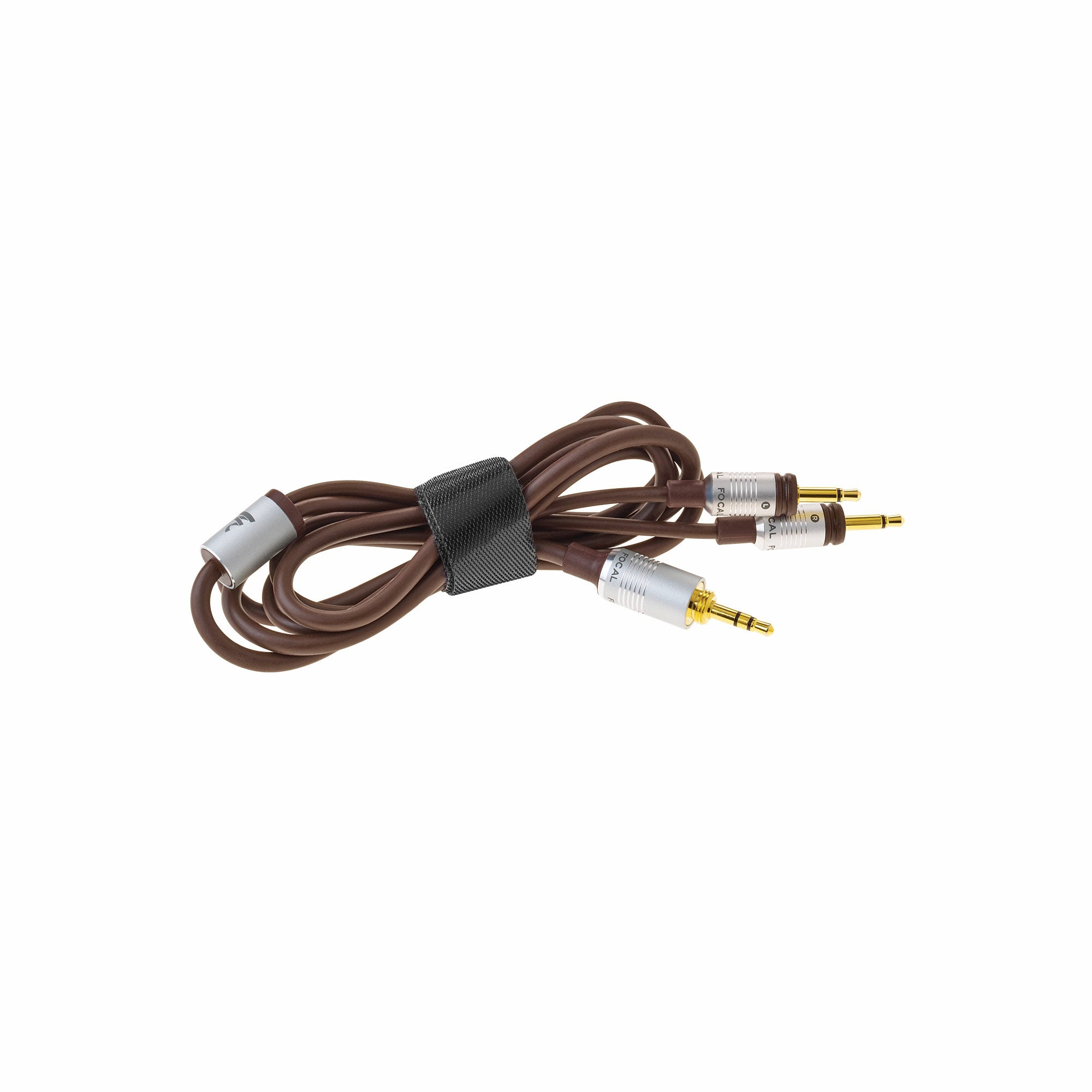 Cabluri maro Focal Stellia Casti, conectori aurii, vedere de sus, accesorii audio de calitate.