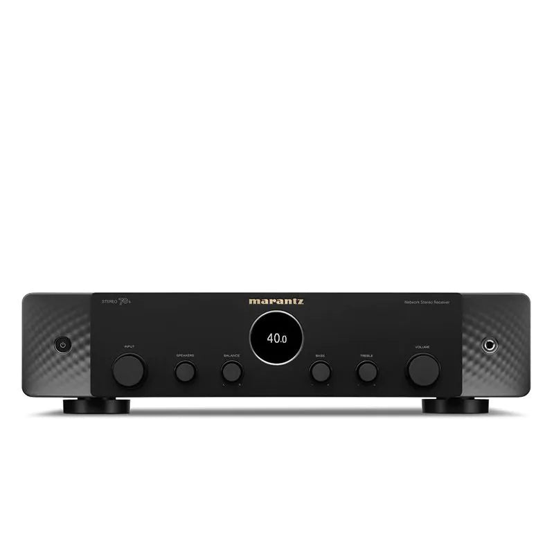 Receiver Marantz Stereo 70s negru, vedere frontală cu afișaj digital central și butoane control volum, ton și intrări.#color_black