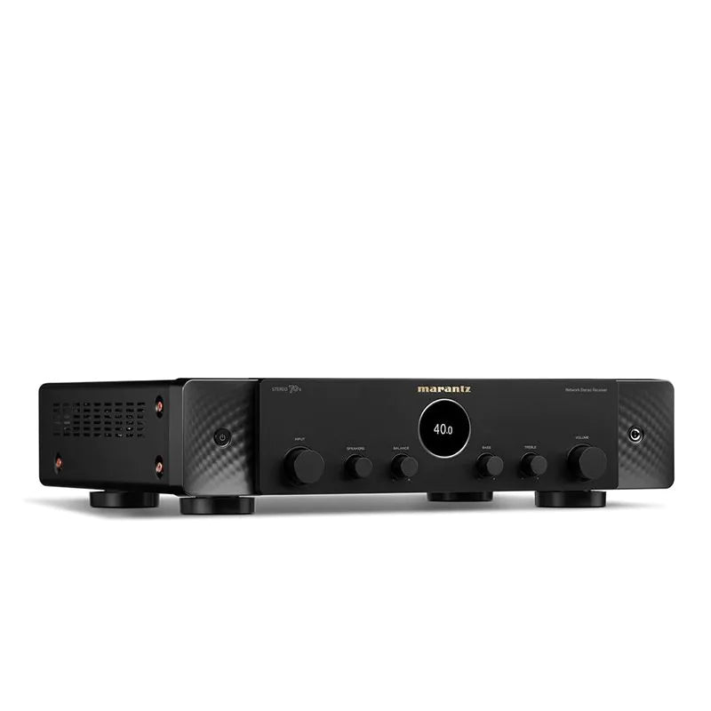 Receiver Marantz Stereo 70s negru, vedere frontală, afișaj central rotund, butoane volum, ton și intrare.