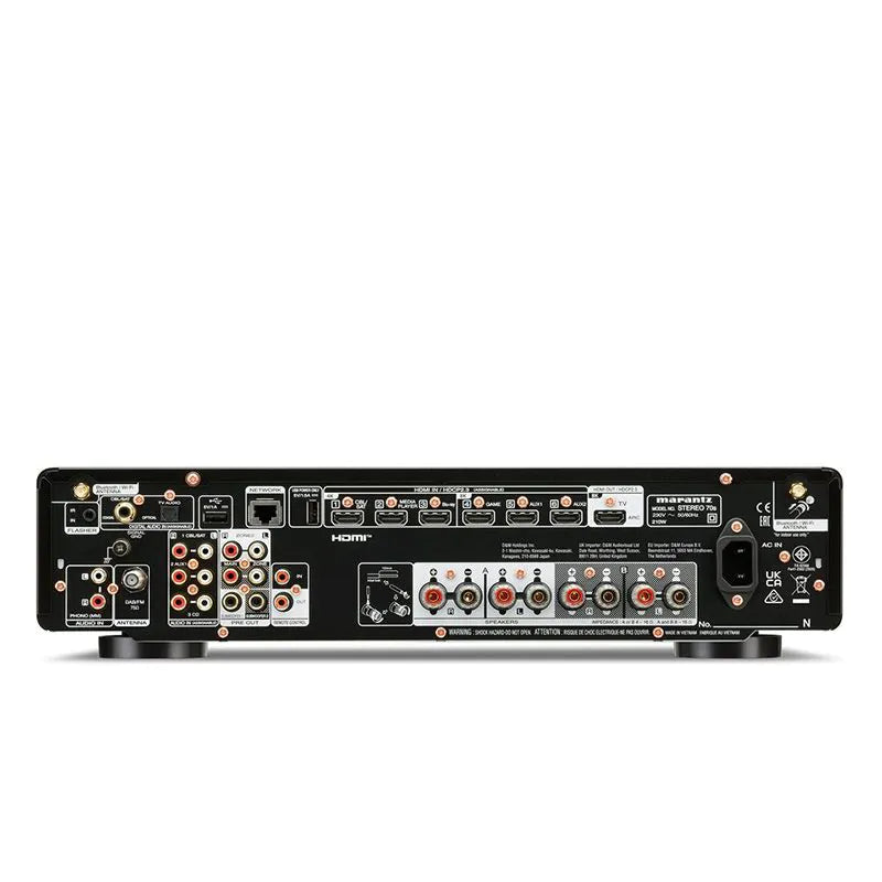 Panou spate negru Marantz Stereo 70s Receiver 2.2 cu porturi HDMI, RCA, coaxiale și conexiuni boxe.