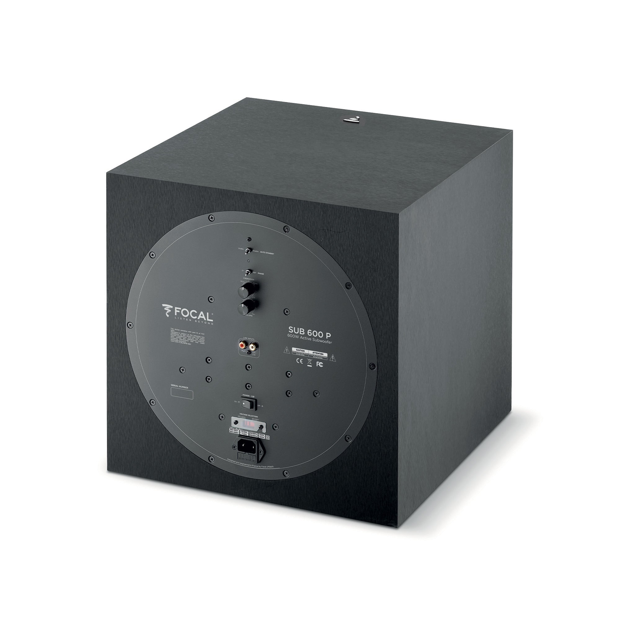 Subwoofer Focal SUB 600P, vedere din spate, culoare neagră, cu panou de conexiuni și comenzi vizibile.