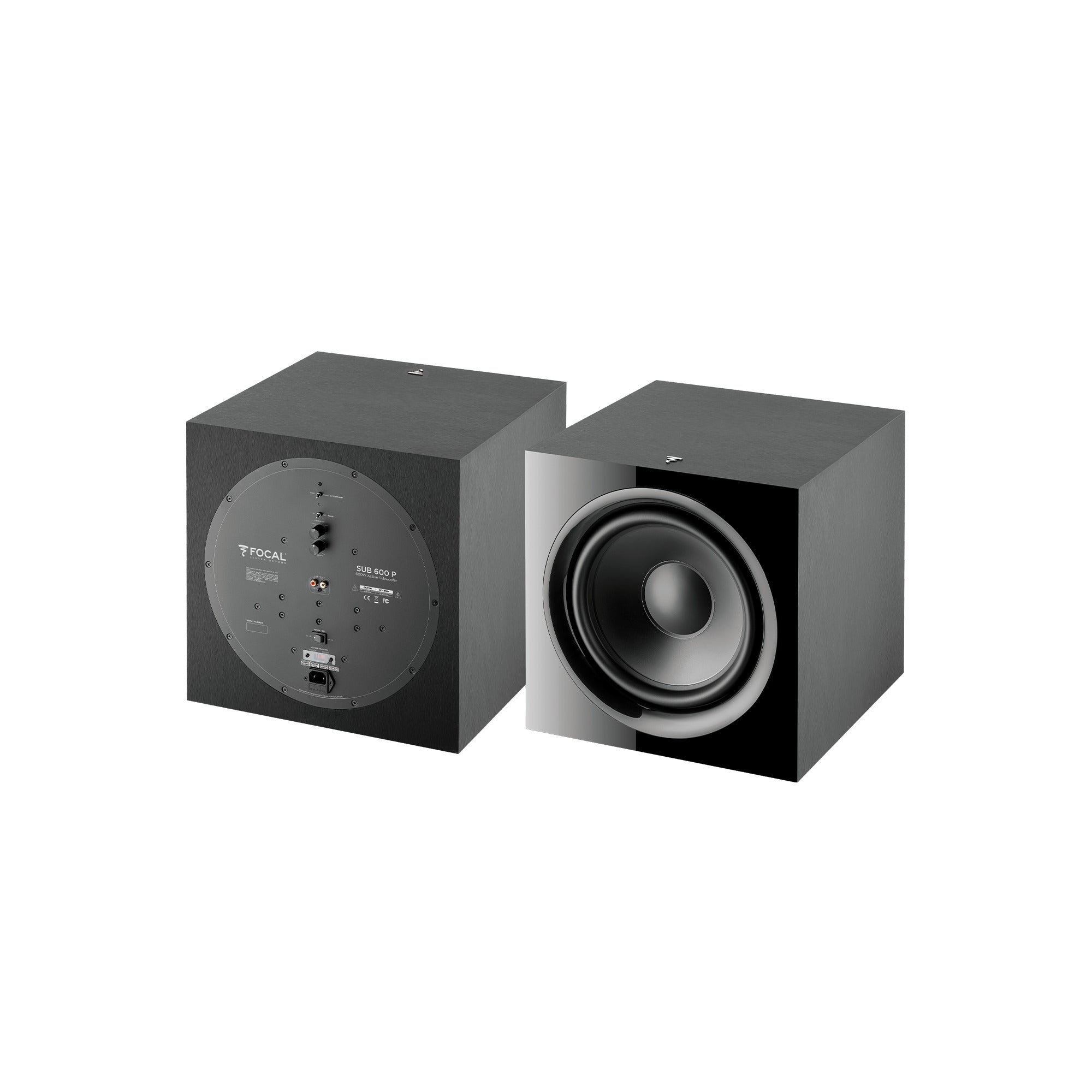 Focal SUB 600P Subwoofer negru, vedere frontală și spate. Vizibile: difuzor, panou control și conexiuni.