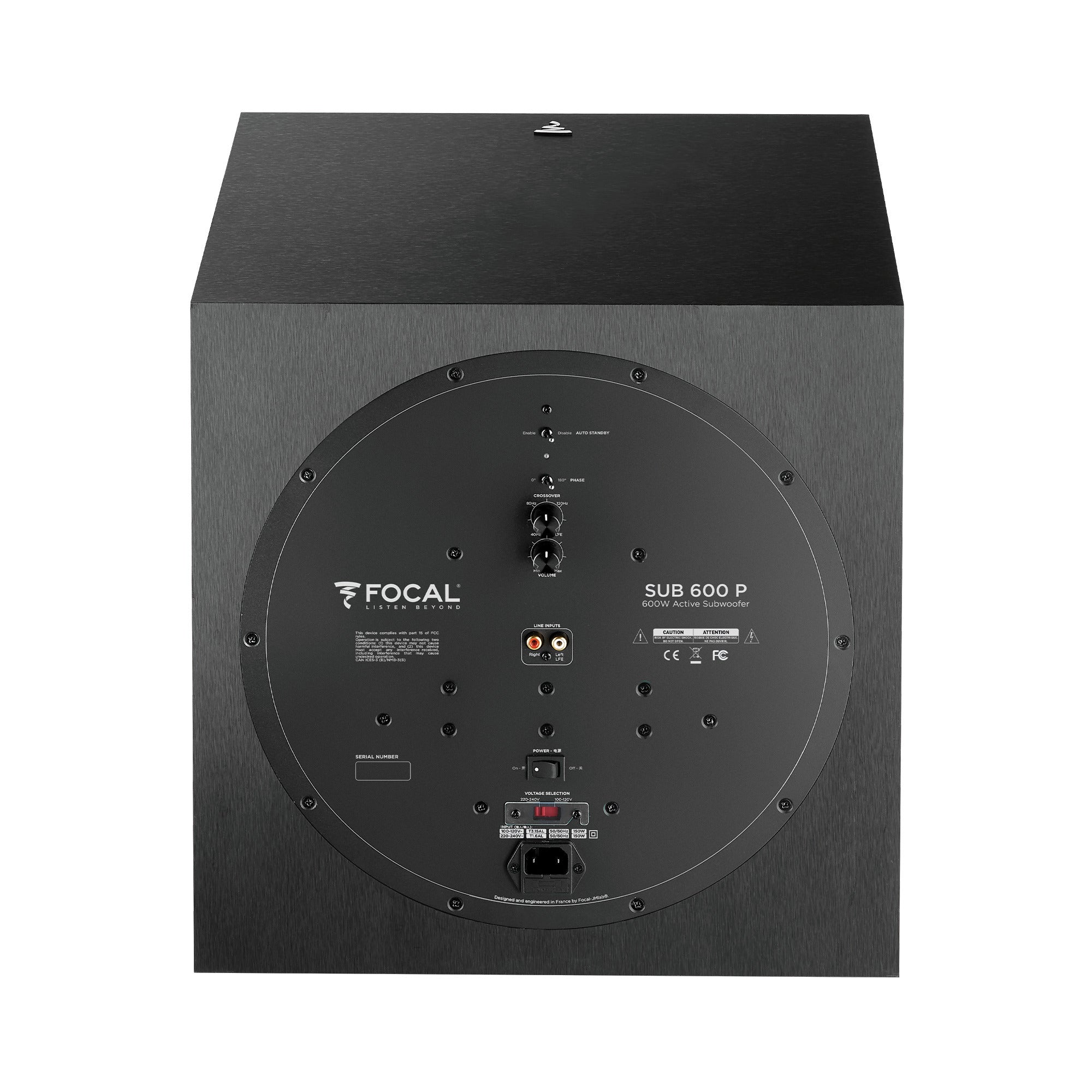 Subwoofer Focal SUB 600P, vedere din spate, culoare neagră, afișând panoul de control și conectorii audio.